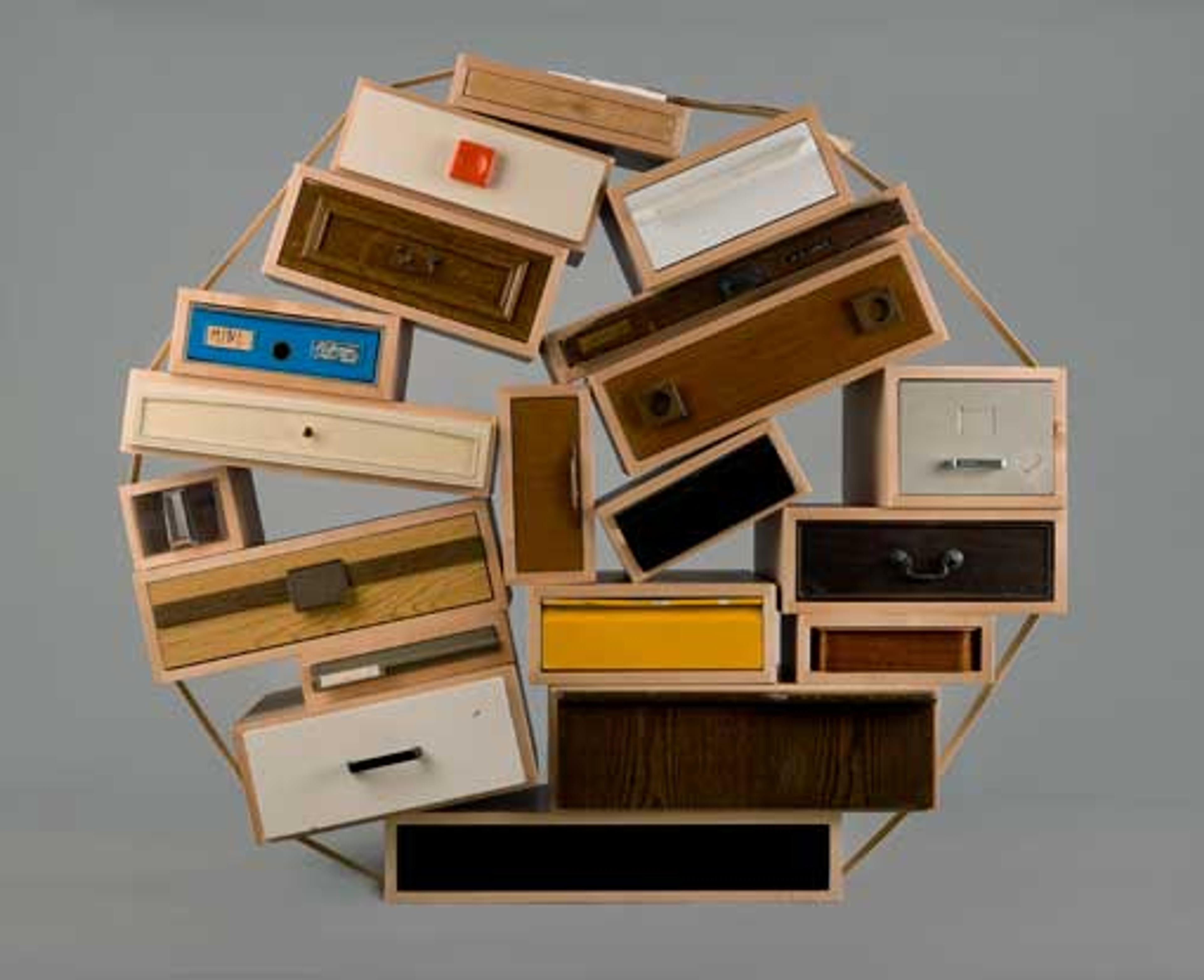 Tejo Remy (Dutch, born 1960). “You Can’t Lay Down Your Memories” Chest-of-Drawers, model 45, designed 1991, made 2005. Made by Droog. The Netherlands. Maple, other wood, painted and unpainted metals, plastic, paper. Gift of Joseph McCrindle in memory of J. Fuller Feder, by exchange, 2005.36