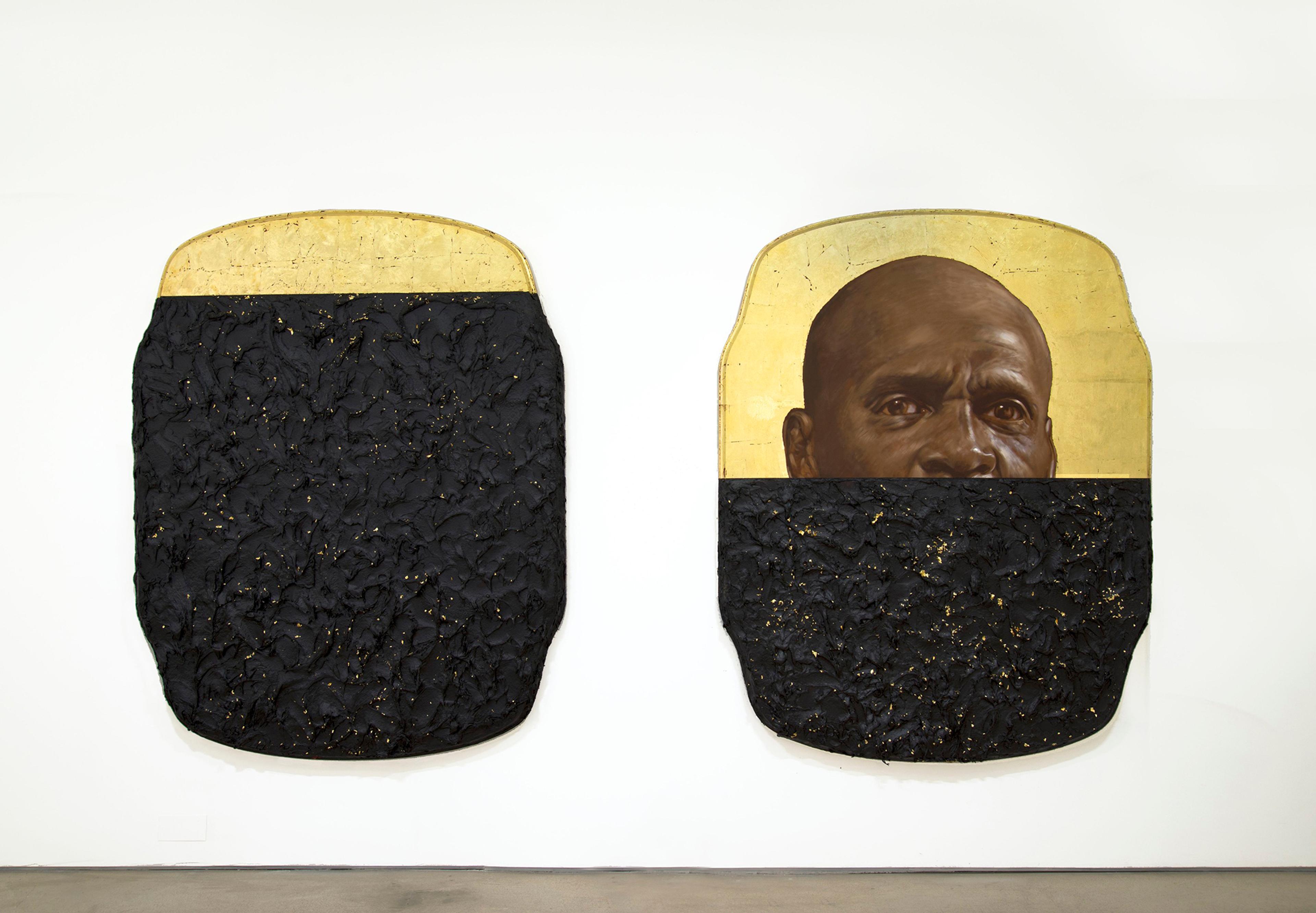 Titus Kaphar (American, born 1976). The Jerome Project (My Loss), 2014. Oil, gold leaf, and tar on wood; two panels, each 761/2 x 591/2 x 33/4 in. (194.3 x 151.1 x 9.5 cm). Brooklyn Museum; William K. Jacobs, Jr. Fund, 2015.7a-b. © Titus Kaphar (Photo: courtesy of the artists and Jack Shainman Gallery, New York)