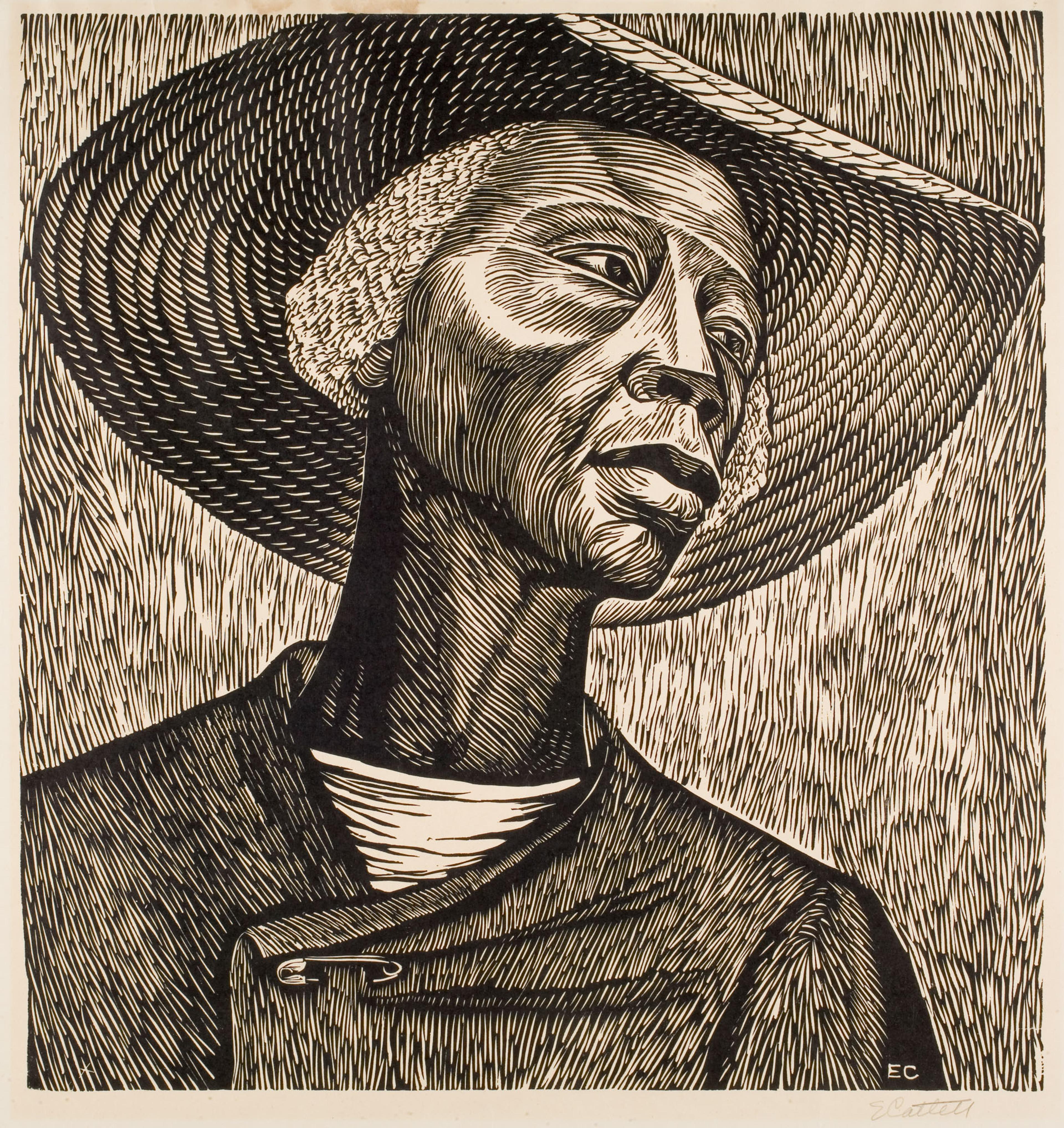Elizabeth Catlett. Sharecropper, 1952. Linocut. Davis Museum at Wellesley College, Wellesley, MA, Gift of Paula Kaplan Hawkins (Class of 1957). © 2024 Mora-Catlett Family / Licensed by VAGA at Artists Rights Society (ARS), NY