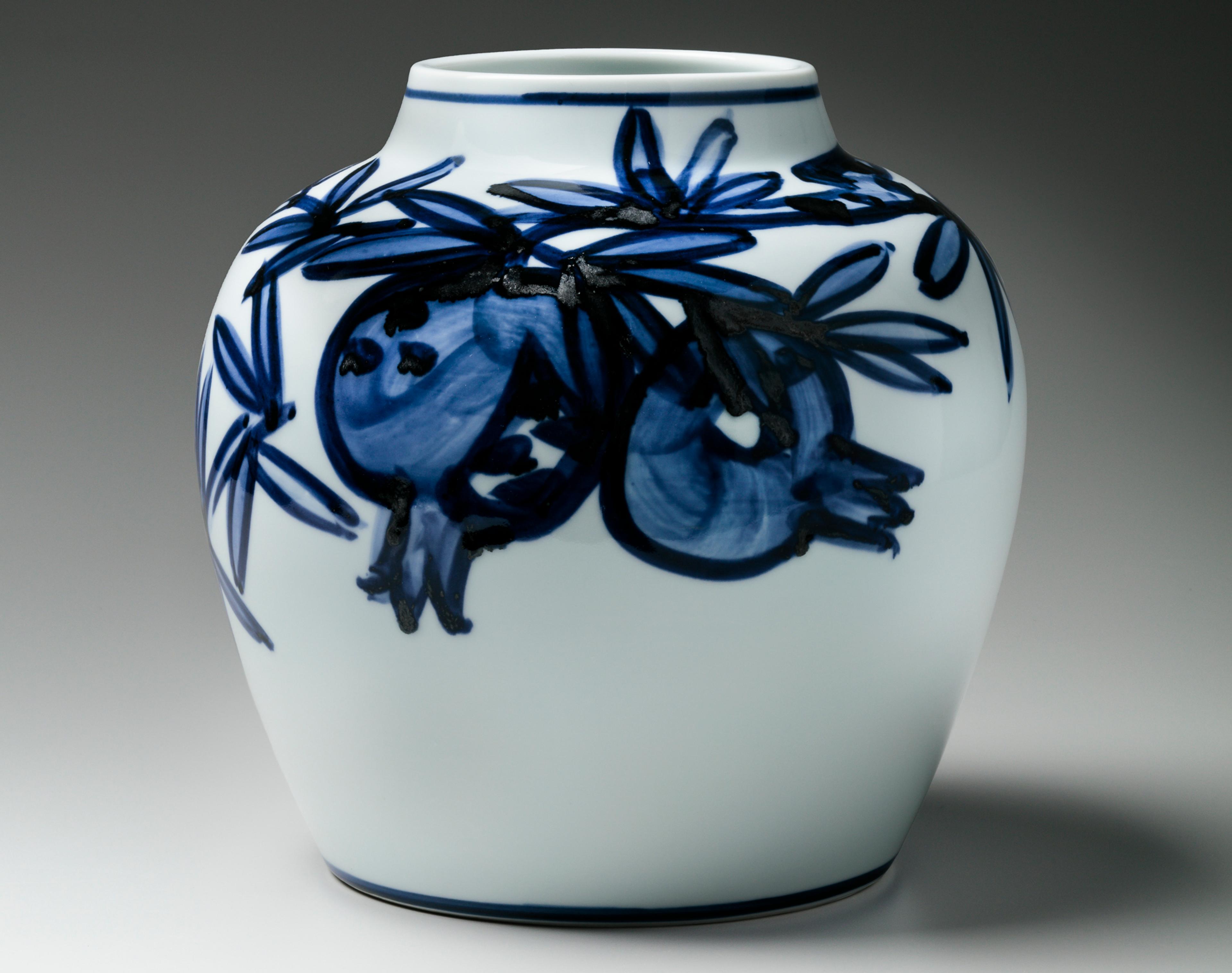 Kondō Yūzō (Japanese, 1902–1985). <i>Flower Vase with Pomegranates</i>, circa 1960. Glazed porcelain, 10 1/8 × 10 1/4 in. (25.8 × 26 cm). Carol and Jeffrey Horvitz Collection. (Photo: Richard P. Goodbody and John Morgan)