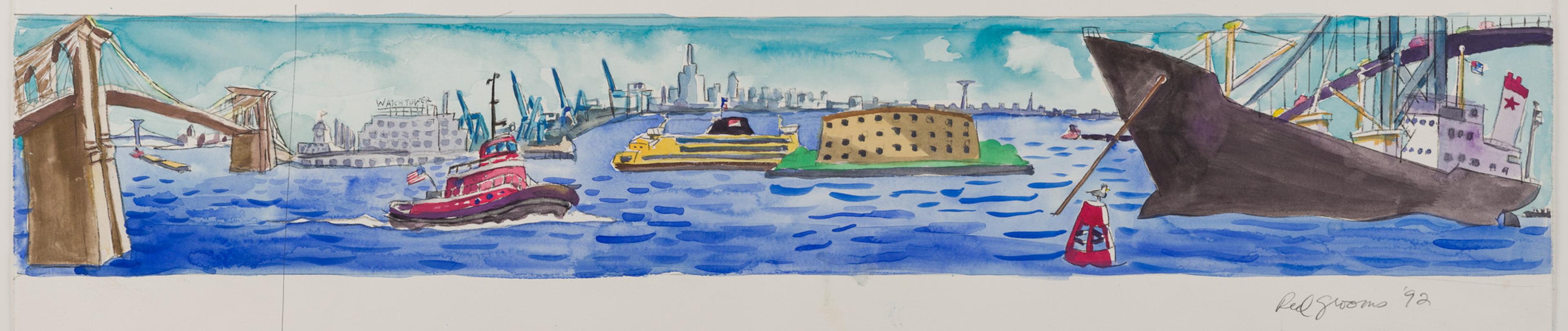 Red Grooms. <i>Design for Staten Island Ferry</i>, 1992. Watercolor and graphite on paper. Brooklyn Museum, Purchased with funds given by Mrs. James H. Hunter, 1993.17.3. © Red Grooms, Member of Artists Rights Society (ARS). (Photo: Brooklyn Museum)