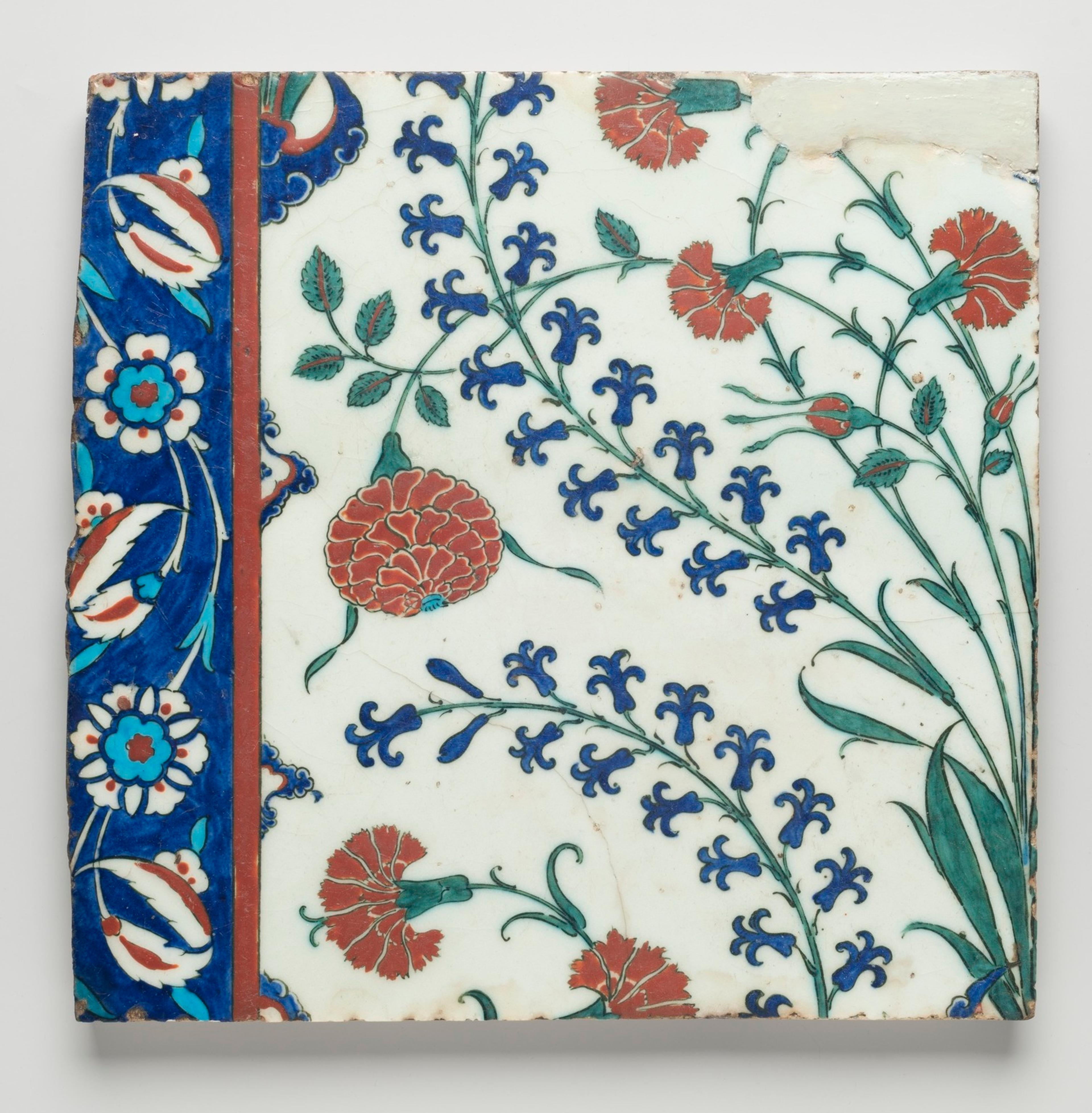 <i>Tile</i>, ca. 1575. Ceramic, transparent colorless glaze, cobalt-blue, black, and red underglaze, off-white body. Brooklyn Museum, Gift of the Ernest Erickson Foundation, Inc., 86.227.185. (Photo: Brooklyn Museum)