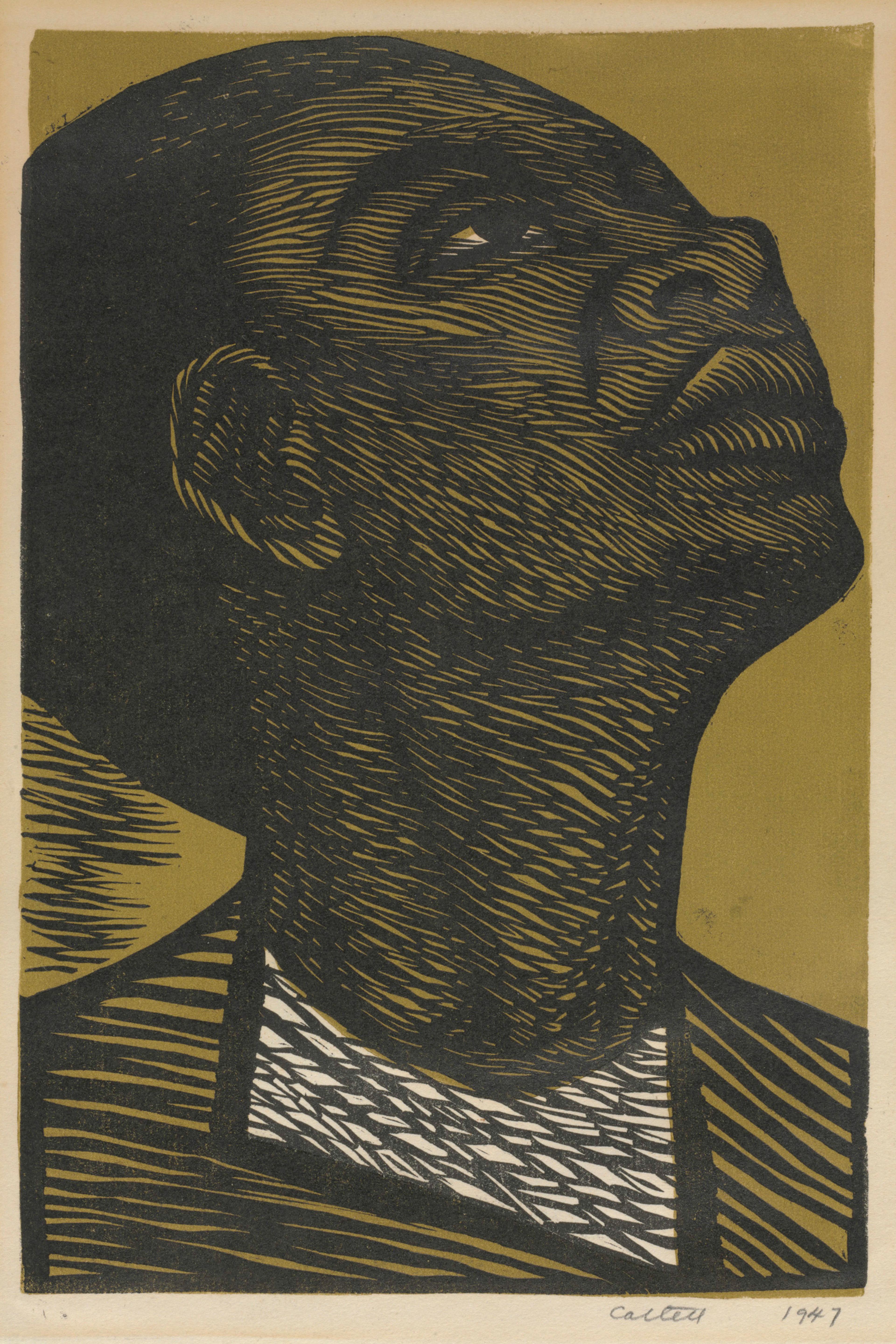 Black, white, and gold print featuring persons head leaning back and looking up