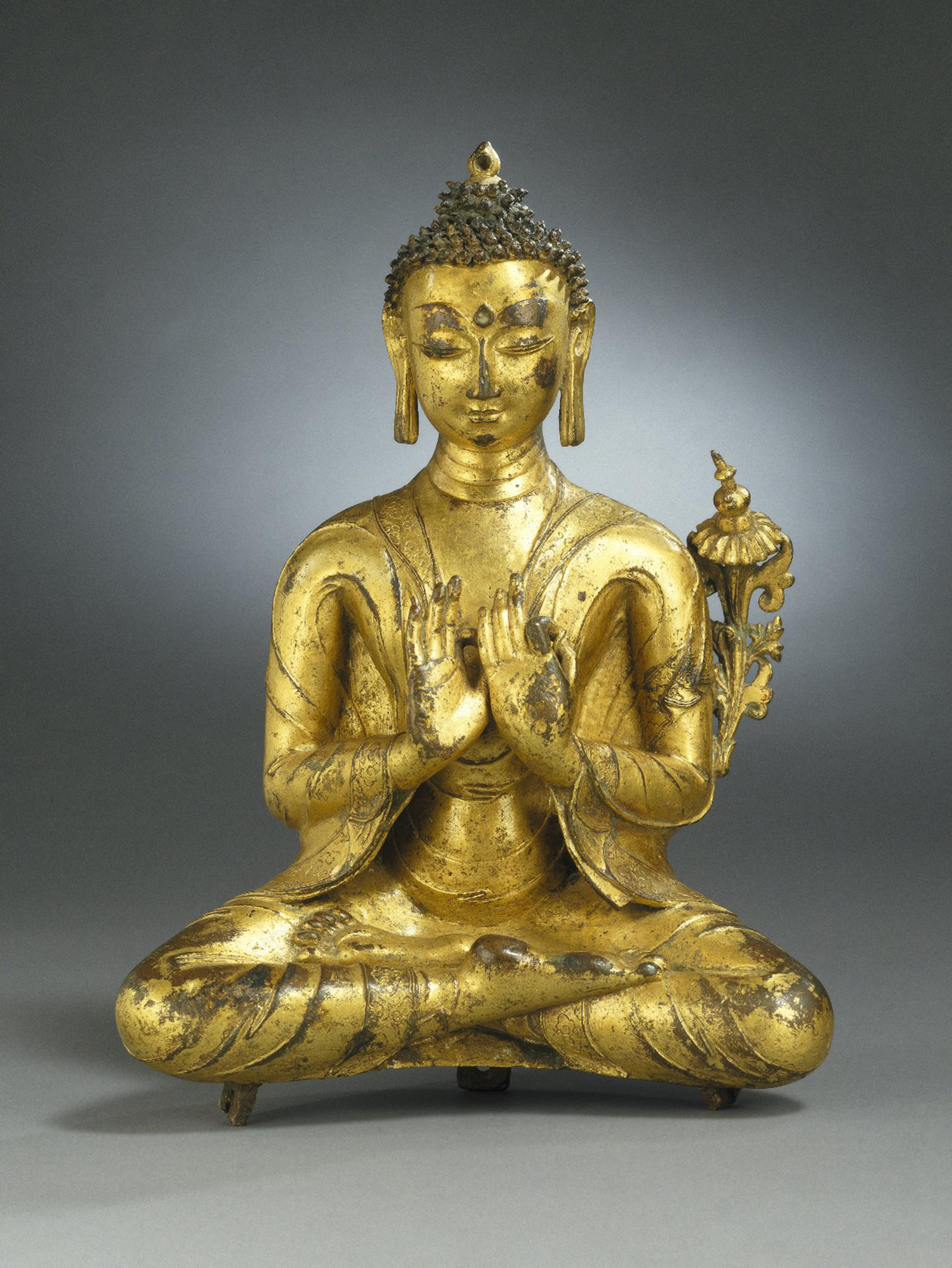 Seated Maitreya, 13th–14th century. Gilt copper alloy, 101/4 x 71/2 x 3 in. (26 x 19.1 x 7.6 cm). Brooklyn Museum; Charles Stewart Smith Memorial Fund, 67.80. (Photo: Brooklyn Museum)