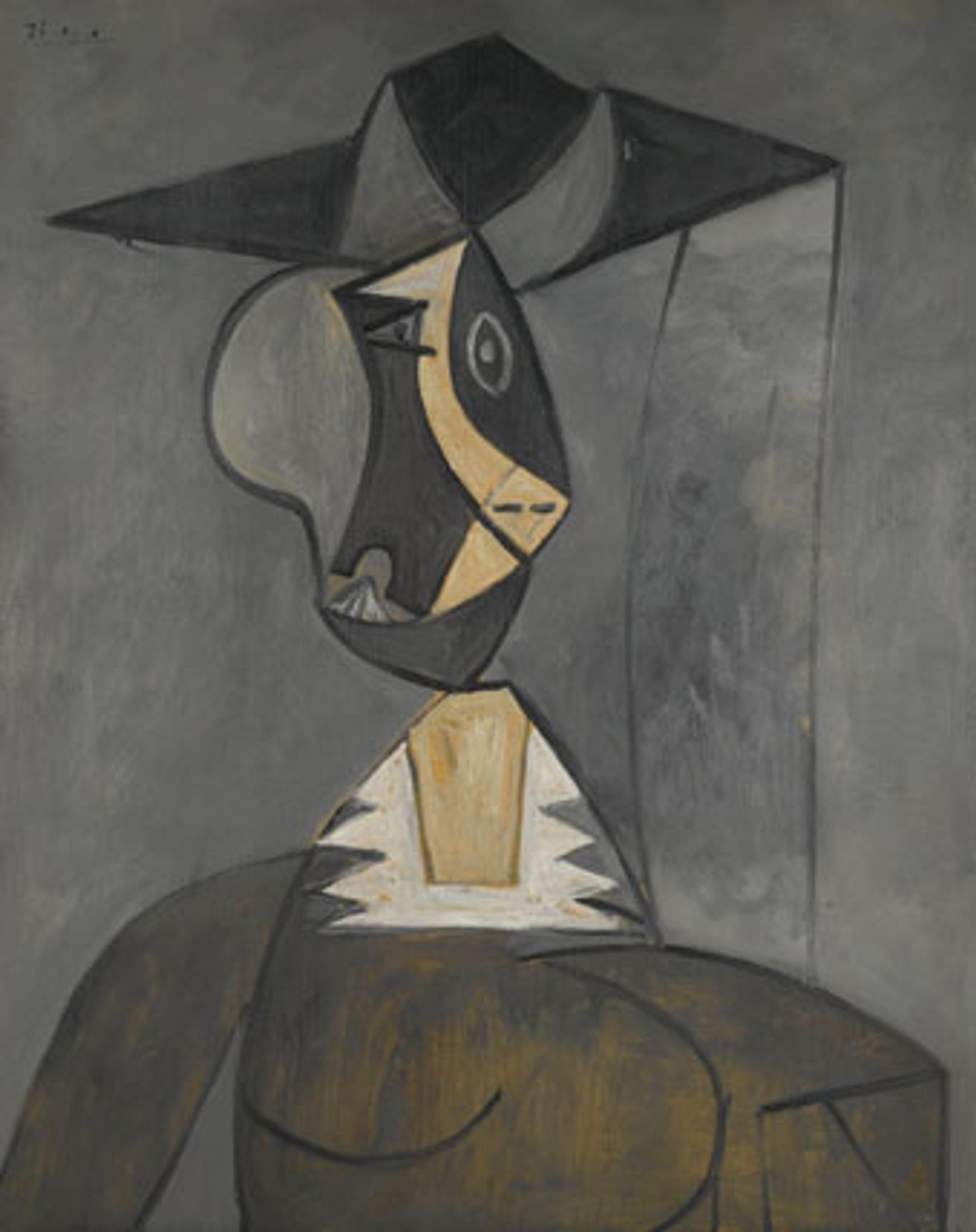 An abstract portrait of a figure wearing a hat, featuring angular shapes, muted tones, and sharp contrasts