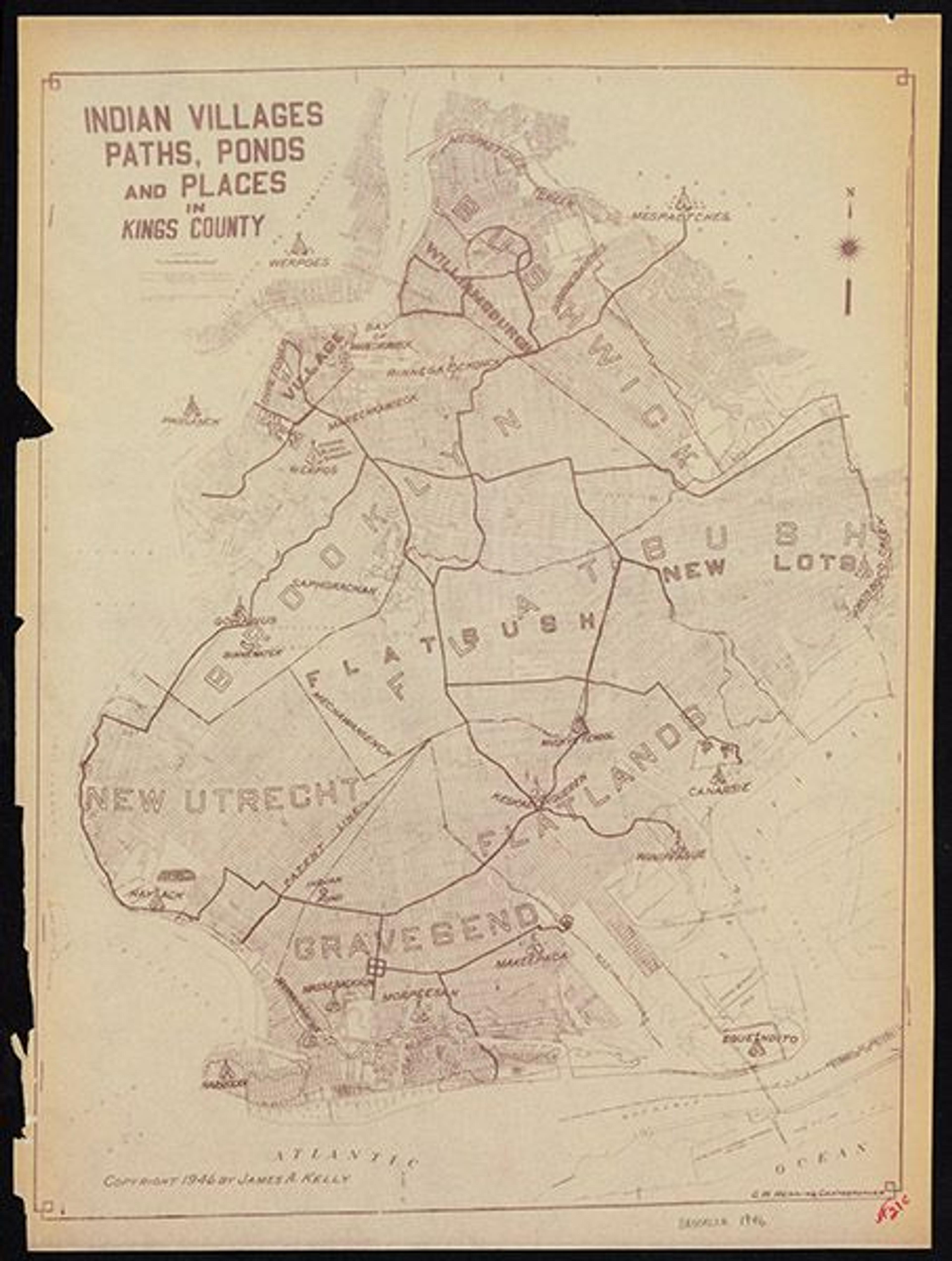 Indian Villages, Paths, Ponds, and Places in Kings County, 1946. Print on paper, 18 × 151/2 in. © 1946 by James A. Kelly; C. W. Nenning, cartographer. Brooklyn Maps collection, Brooklyn Public Library, Brooklyn Collection