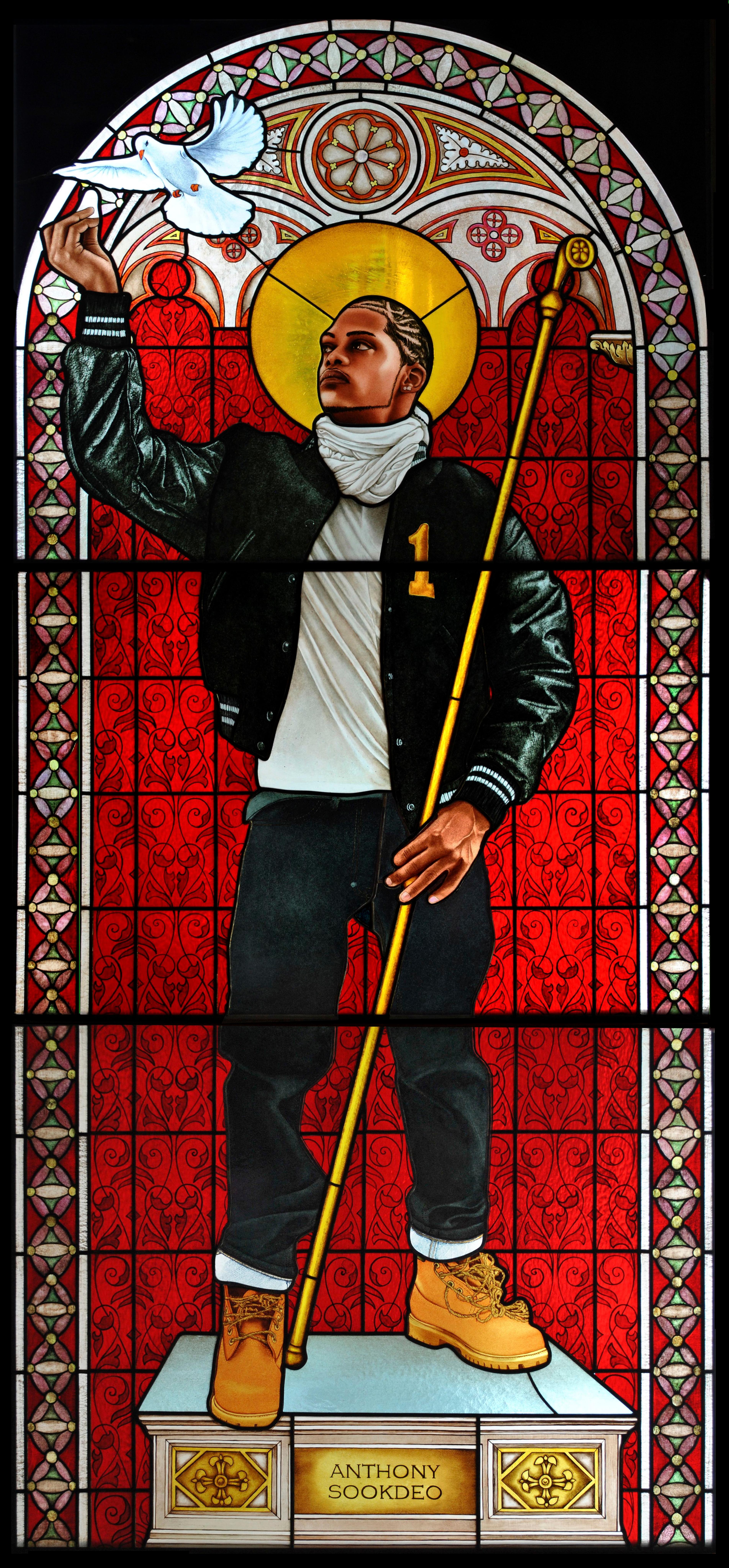 Kehinde Wiley (American, b. 1977). <i>Saint Remi</i>, 2014. Stained glass, 96 × 431⁄2 in. (243.8 × 110.5 cm). Courtesy of Galerie Daniel Templon, Paris. © Kehinde Wiley