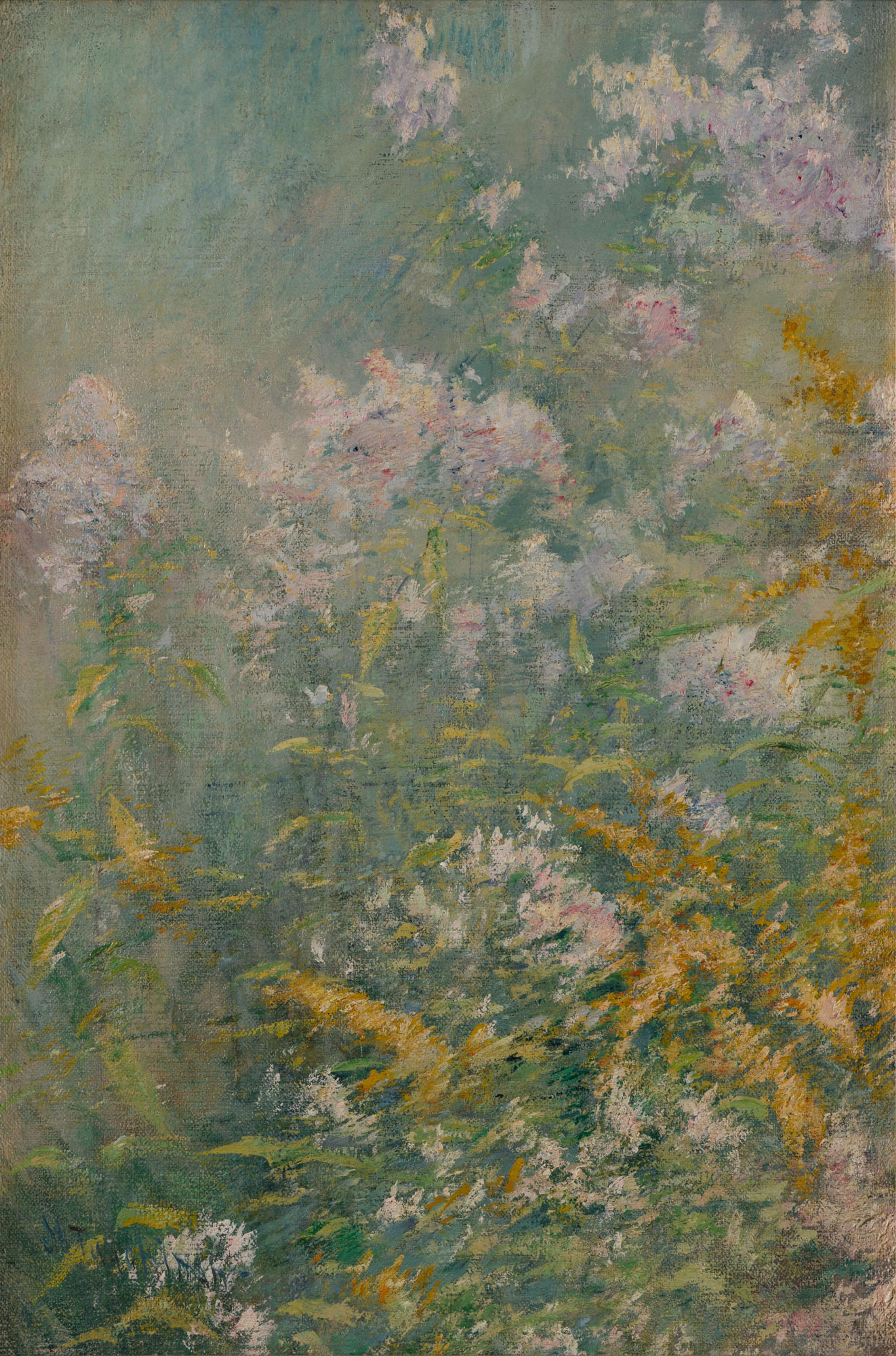 Impressionistic painting of pink and yellow flowers againts a green-blue blackground