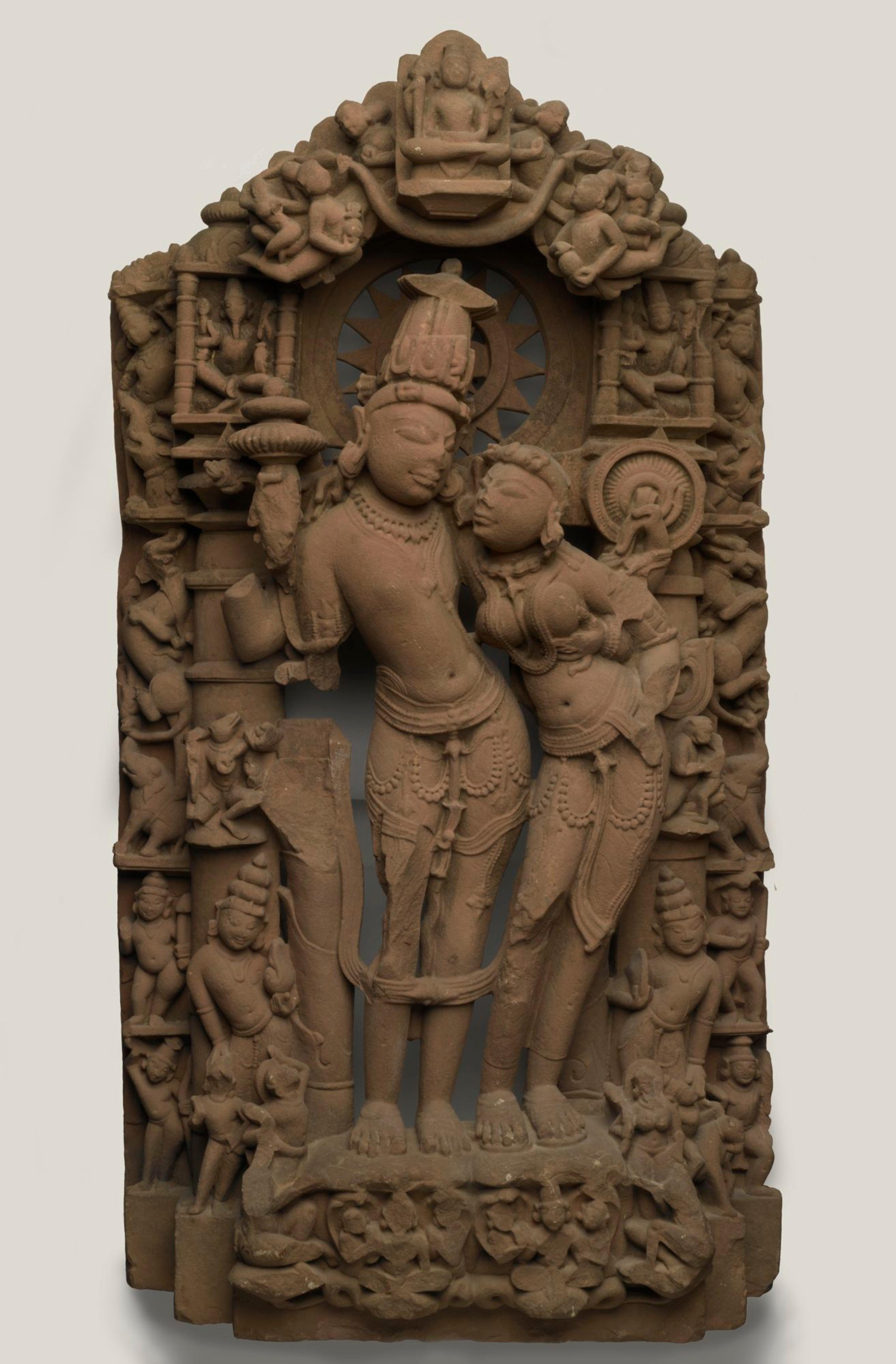 Vishnu and Lakshmi with Vishnu’s Avatars. Northern India (Rajasthan), 10th century. Sandstone, 43 1/2 × 22 1/2 × 7 in. (110.5 × 57.2 × 17.8 cm). Brooklyn Museum; Purchase gift of the Charles Bloom Foundation, Inc., 86.191. (Photo: Brooklyn Museum)