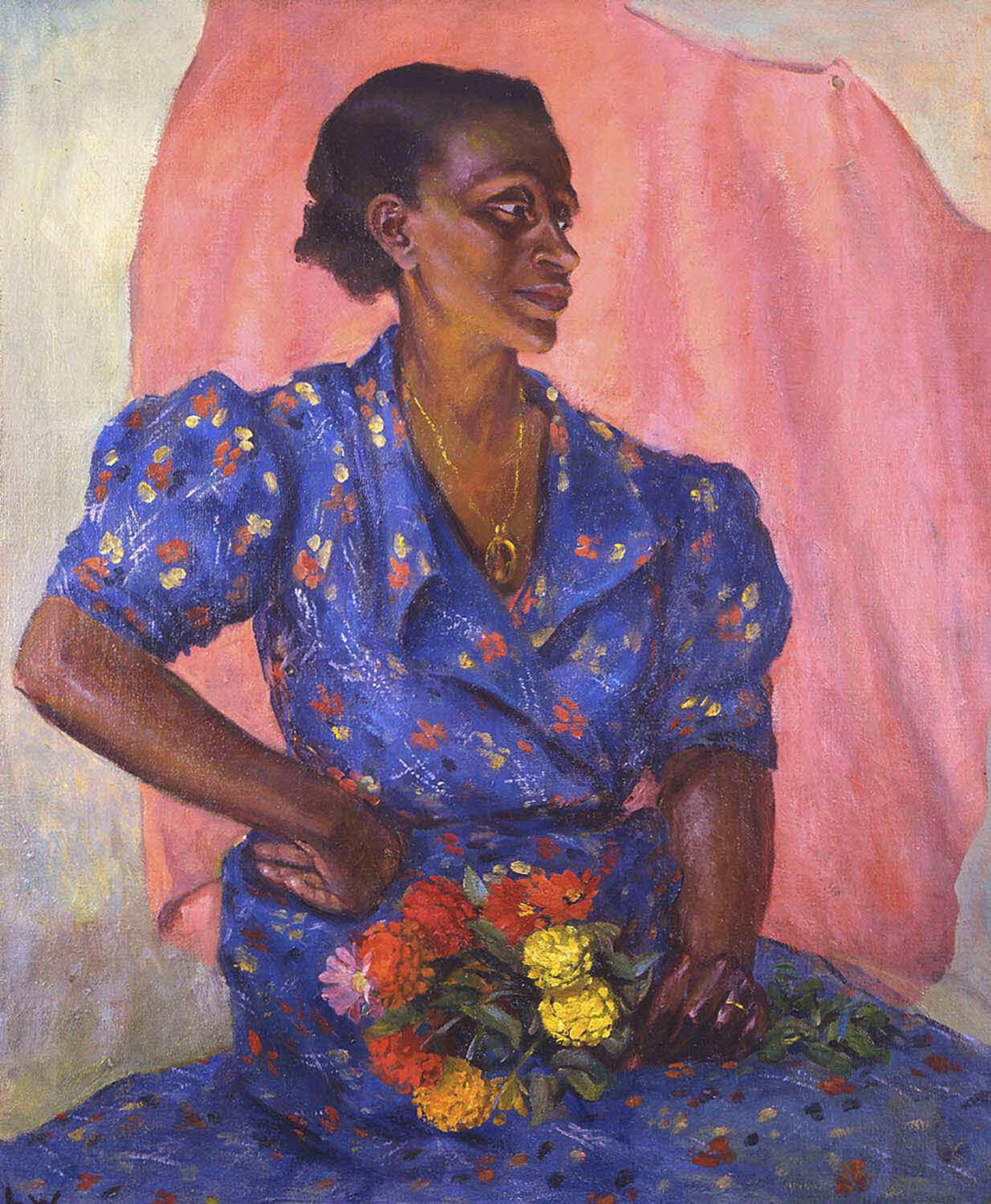 Laura Wheeler Waring (American, 1887–1948). Woman with Bouquet, circa 1940. Oil on canvas, 30 × 25 in. (76.2 × 63.5 cm). Brooklyn Museum; Brooklyn Museum Fund for African American Art in honor of Teresa A. Carbone, 2016.2. (Photo: Brooklyn Museum)