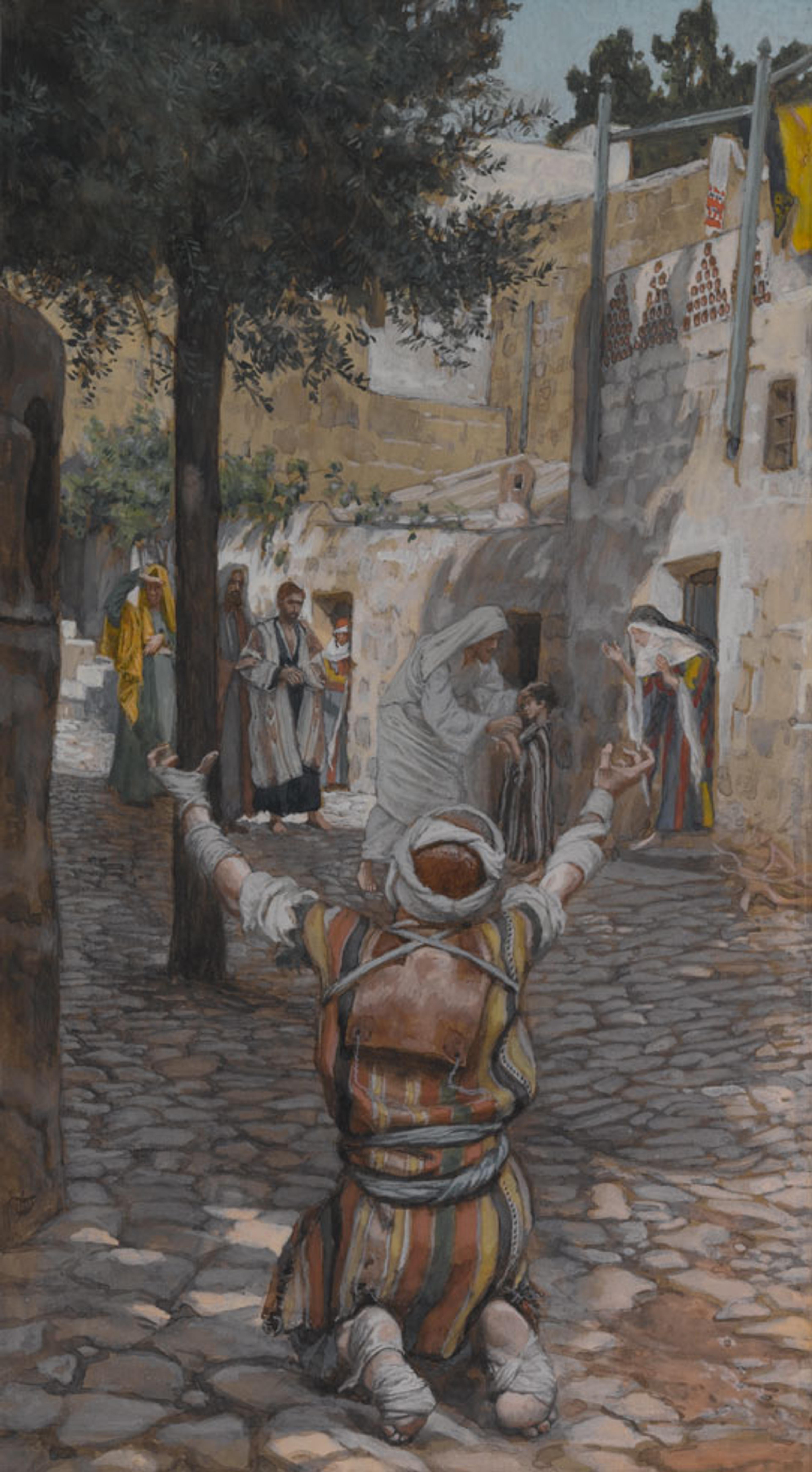 James Tissot (French, 1836–1902). Healing of the Lepers at Capernaum, 1886–94. Opaque watercolor over graphite on gray wove paper, 111⁄4 x 63⁄16 in. (28.6 × 15.7 cm). Brooklyn Museum, Purchased by public subscription, 00.159.89