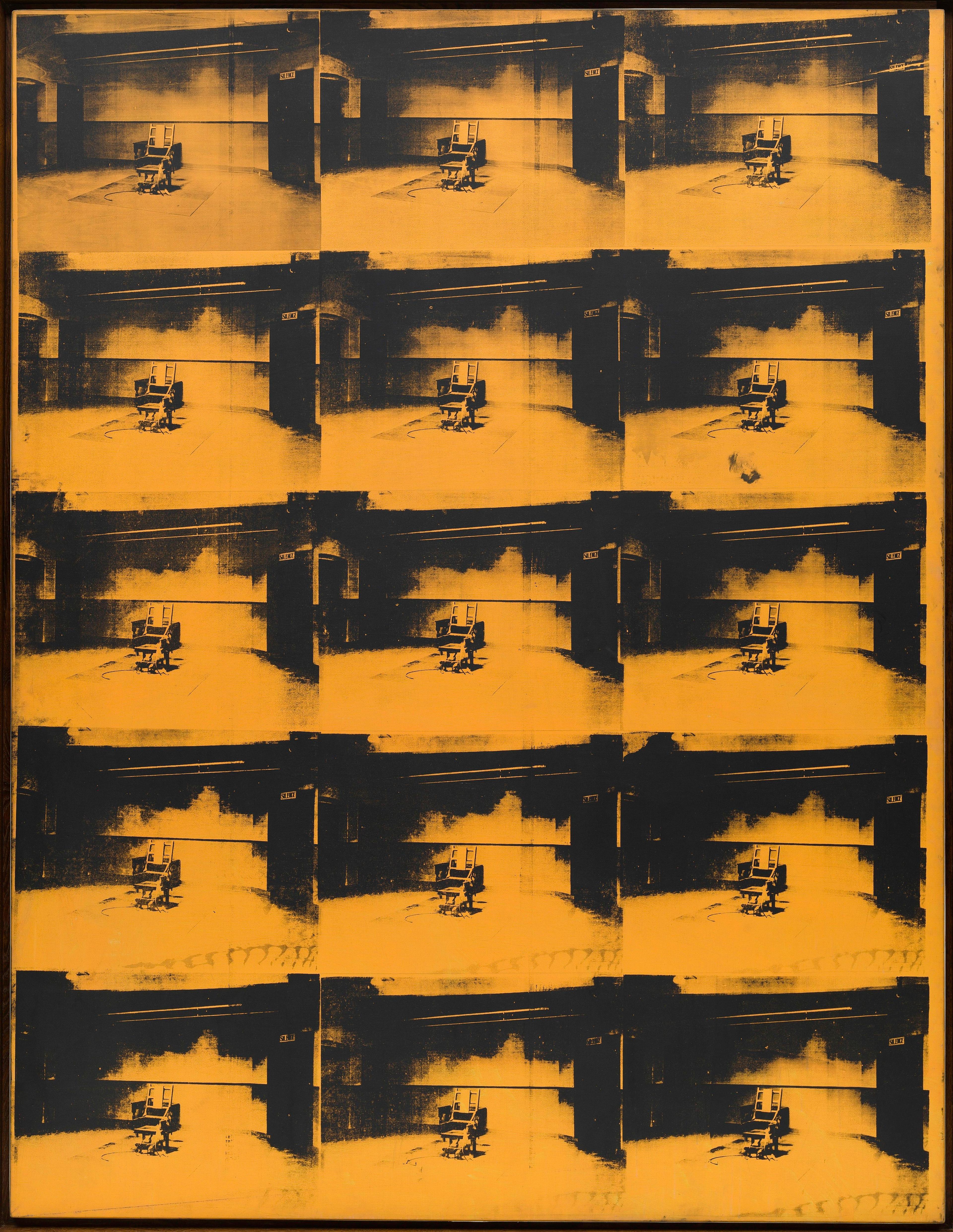 Andy Warhol (American, 1928–1987). <i>Orange Disaster #5</i>, 1963. Acrylic, screenprint, graphite on canvas, 106 × 811/2 in. (269.2 × 207 cm). Solomon R. Guggenheim Museum, New York Gift, Harry N. Abrams Family Collection, 1974, 74.2118. © 2021 The Andy Warhol Foundation for the Visual Arts, Inc. / Licensed by Artists Rights Society (ARS), New York