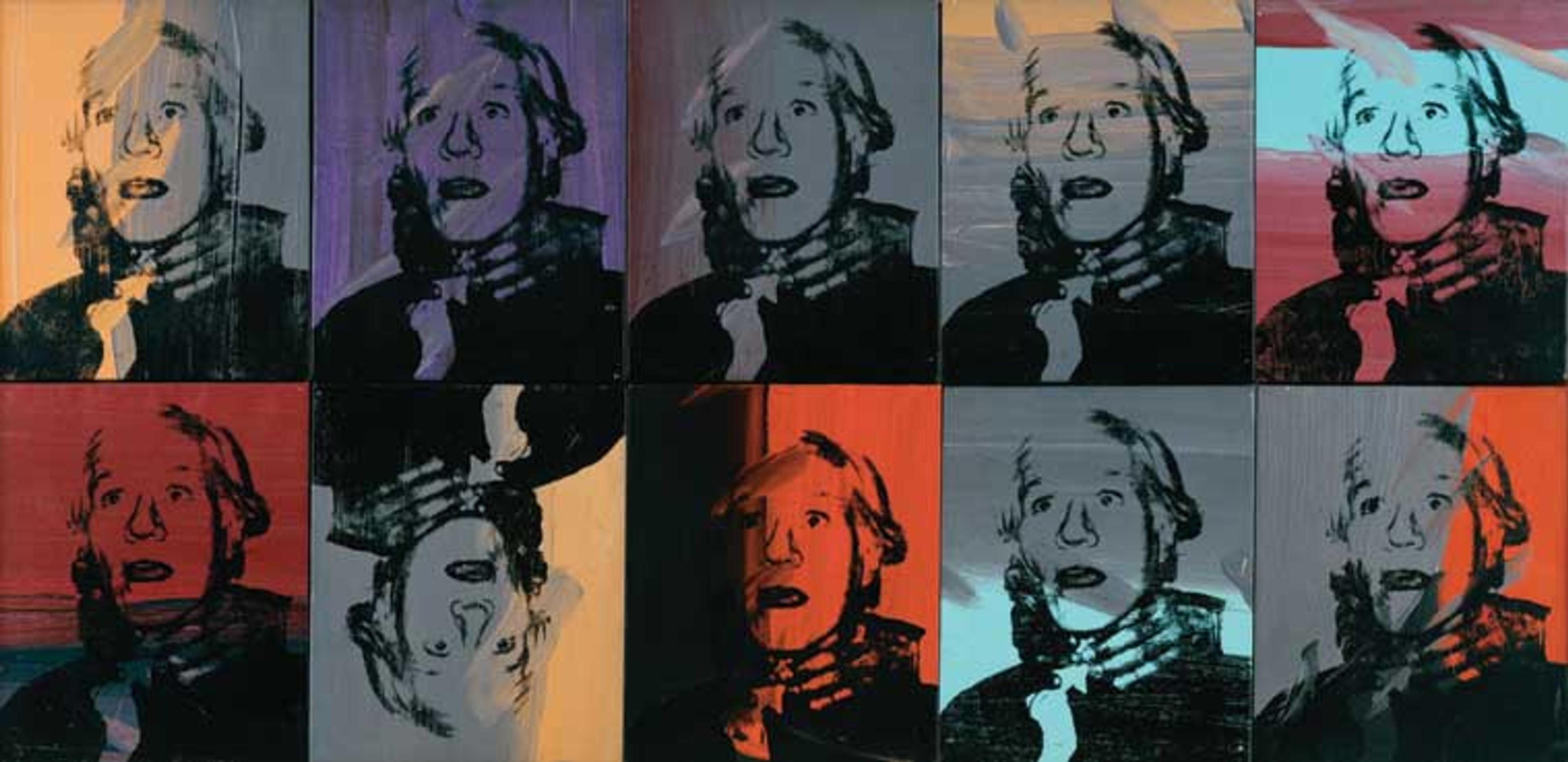 Andy Warhol (American, 1928–1987). Self-Portrait (Strangulation), 1978. Acrylic and silkscreen ink on canvas, ten parts, 16 × 13 in. (40.6 × 33 cm) each. Collection of Anthony d’Offay. © 2010 The Andy Warhol Foundation for the Visual Arts/Artists Rights Society (ARS), New York