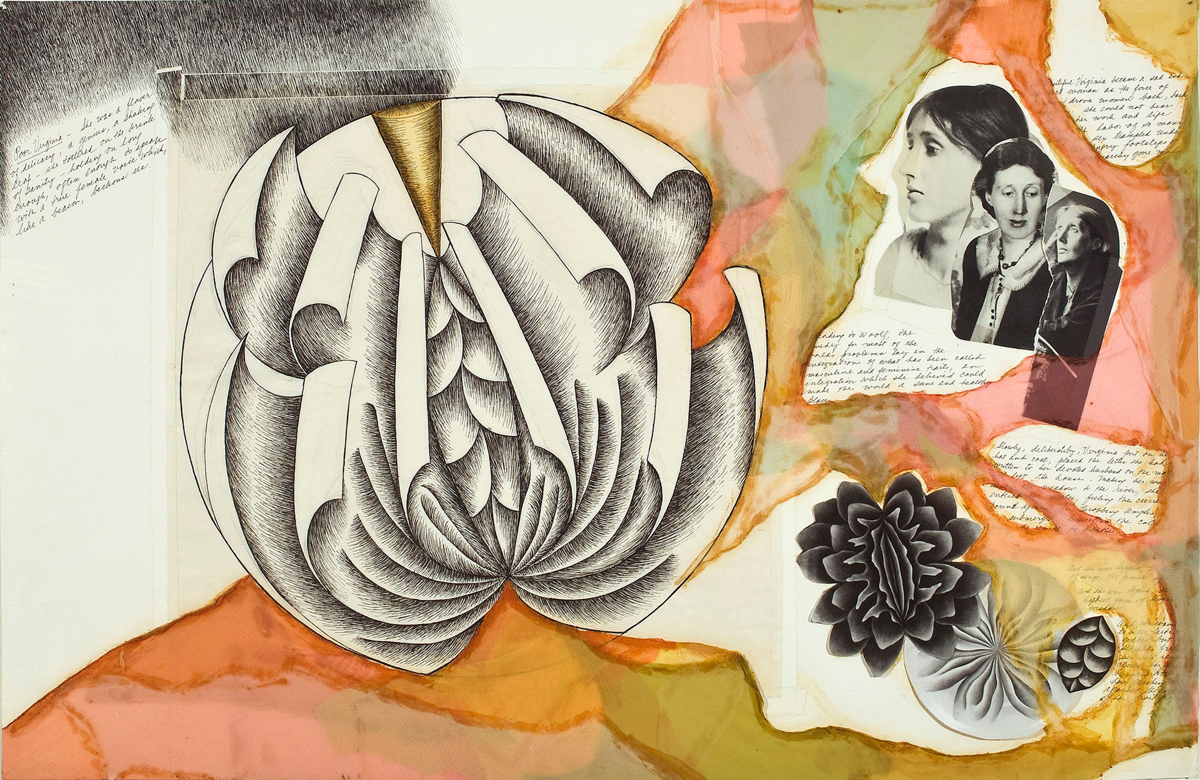 Judy Chicago (American, born 1939). Study for Virginia Woolf from The Dinner Party, 1978. Ink, photo, and collage on paper, approx. 24 × 36 in. (61 × 91.4 cm). National Museum of Women in the Arts, Washington, D.C.; Gift of Mary Ross Taylor in honor of Elizabeth A. Sackler, 2007.81. © 2017 Judy Chicago / Artists Rights Society (ARS), New York. (Photo: Lee Stalsworth)