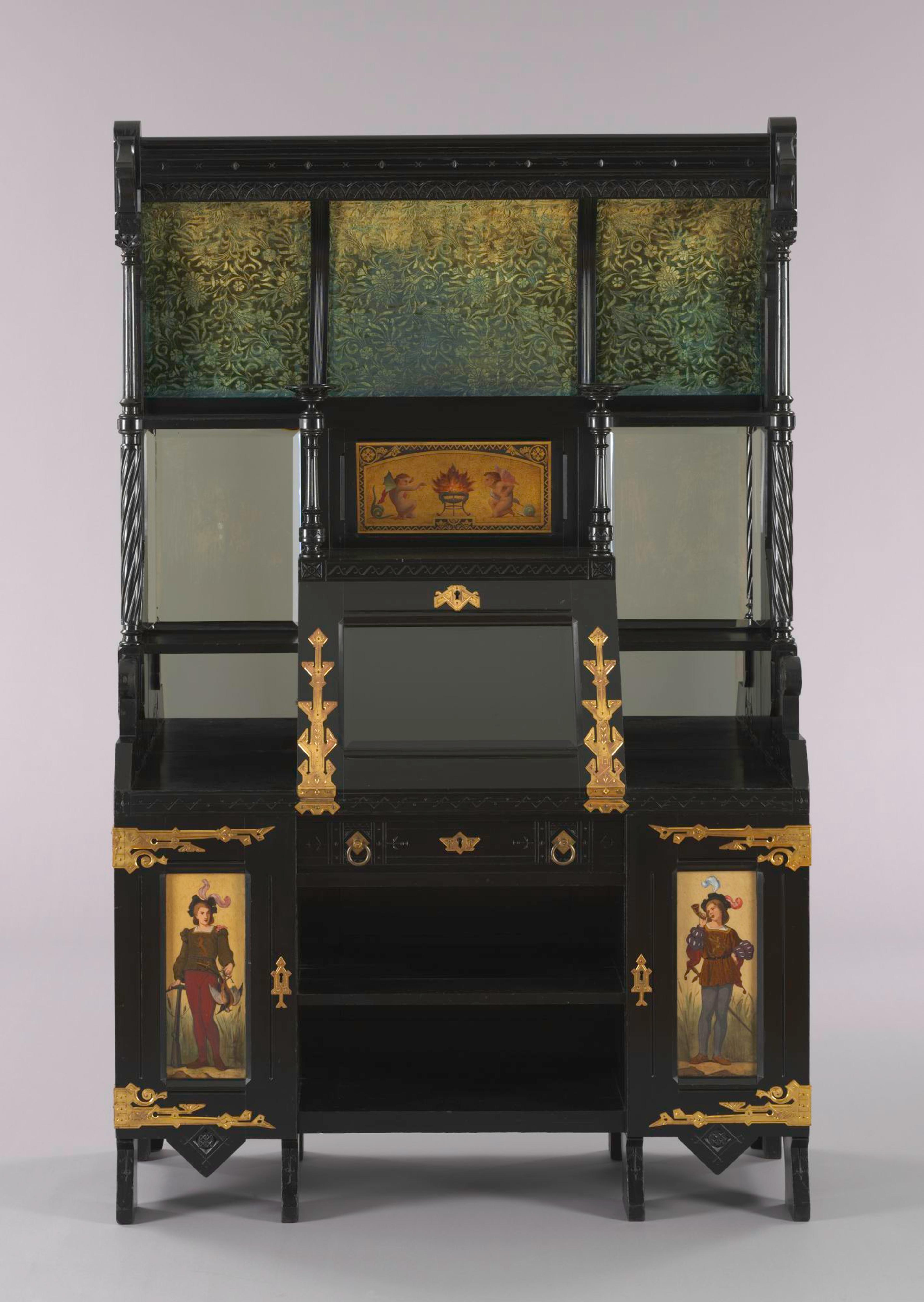 Kimbel and Cabus (New York, 1863–82). Desk and Display Cabinet, circa 1876. Ebonized cherry, gilt, polychrome, silver, mirrored mercury-tin amalgam, clear glass, velvet, brass, 811/2 × 52 × 20 in.(207 × 132.1 × 50.8 cm). The Baltimore Museum of Art: The Richard C. von Hess Foundation Acquisition Fund; partial gift of Michael and Anis Merson; and purchase with exchange funds from Bequest of Margaret Anna Abell; Bequest of Eleanor M. Anderson; Bequest of Alice Worthington Ball; Decorative Arts Fund; Gift of Elizabeth S. Ellis, from the Estate of Margaret Anna Abell; Gift of William Bose Marye; Bequest of Margaret D. Morriss; Gift of Abram Moses, in Memory of his Wife, Carrie Gutman Moses; Gift of Mrs. John W. Nicol, Jr.; Gift of Merrell L. Stout, Jr., in Memory of his Father, Dr. Merrell L. Stout, BMA 1999.150. (Photo: Mitro Hood)