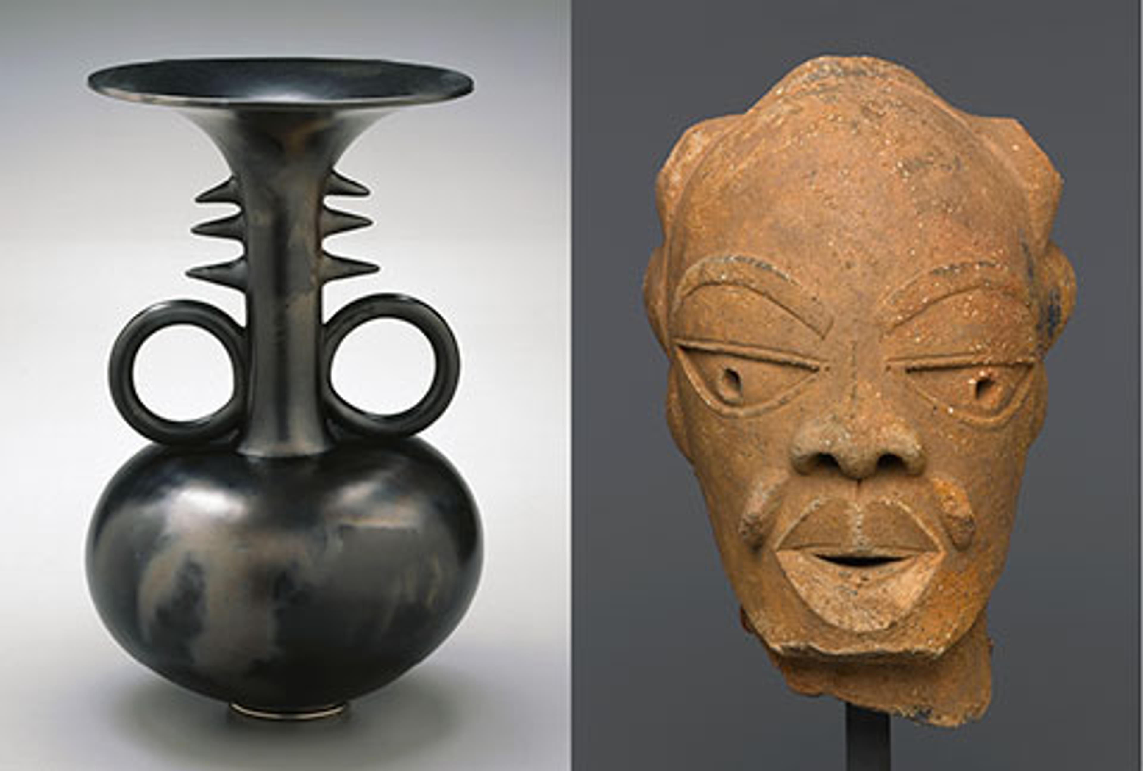 Left: Magdalene Anyango N. Odundo (British, born 1950, Kenya). Vessel, 1990, Farnham, Surrey, United Kingdom. Ceramic, slip, 16 × 10 × 10 in. (40.6 × 25.4 × 25.4 cm). Brooklyn Museum, Purchased with funds given by Dr. and Mrs. Sidney Clyman and the Frank L. Babbott Fund, 1991.26; Right: Unidentified Nok culture artist, circa 550–50 B.C.E. Male Head, Kaduna, Plateau or Nassarawa state, Nigeria. Terracotta, 12 × 71⁄2 x 91⁄2 in. (30.5 × 19.1 × 24.1 cm). Brooklyn Museum, Gift of Lisa and Bernard Selz, exhibited through the generosity of the National Commission for Museums and Monuments of the Federal Republic of Nigeria, TL2005.62. (Photos: Brooklyn Museum)