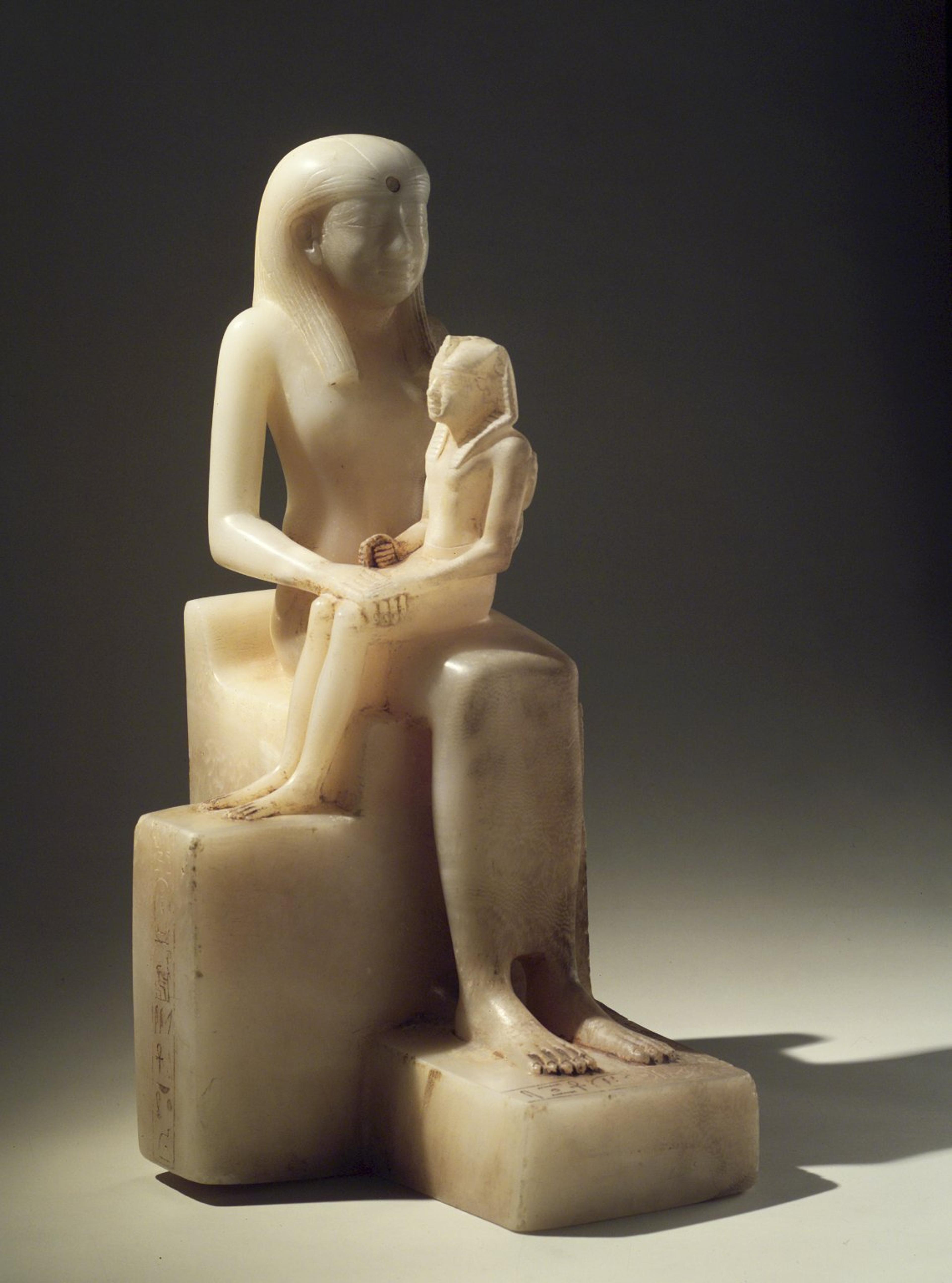 Statuette of Queen Ankhnes-meryre II and Her Son, Pepy II. Egypt, probably from Upper Egypt. Old Kingdom, Dynasty 6, reign of Pepy II, circa 2288–2224/2194 B.C.E. Egyptian alabaster, 157⁄16 x 913⁄16 in. (39.2 × 24.9 cm). Brooklyn Museum, Charles Edwin Wilbour Fund, 39.119