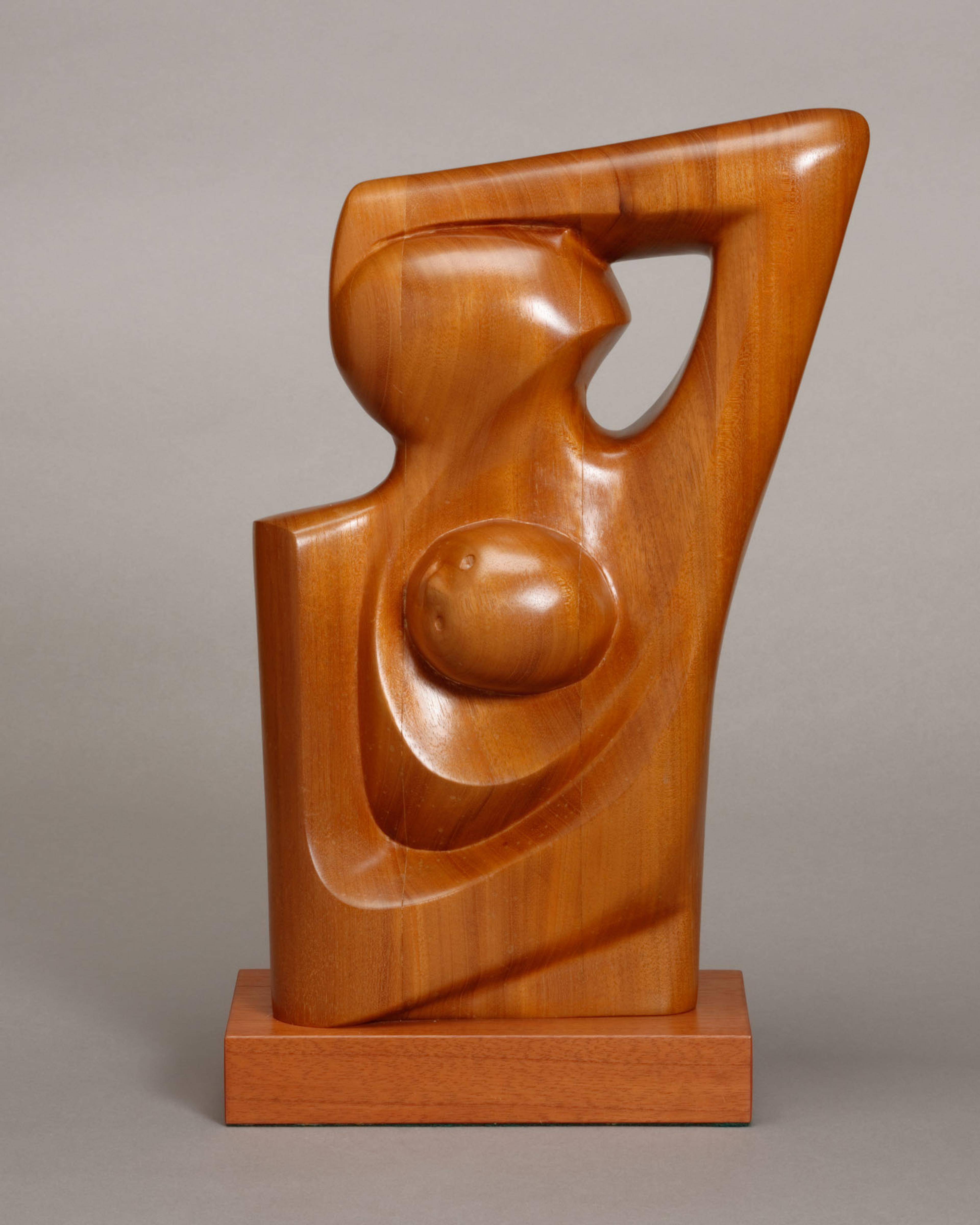 Abstract wooden sculpture of a figure looking up with arm resting on top of their head, holds a small childlike figure