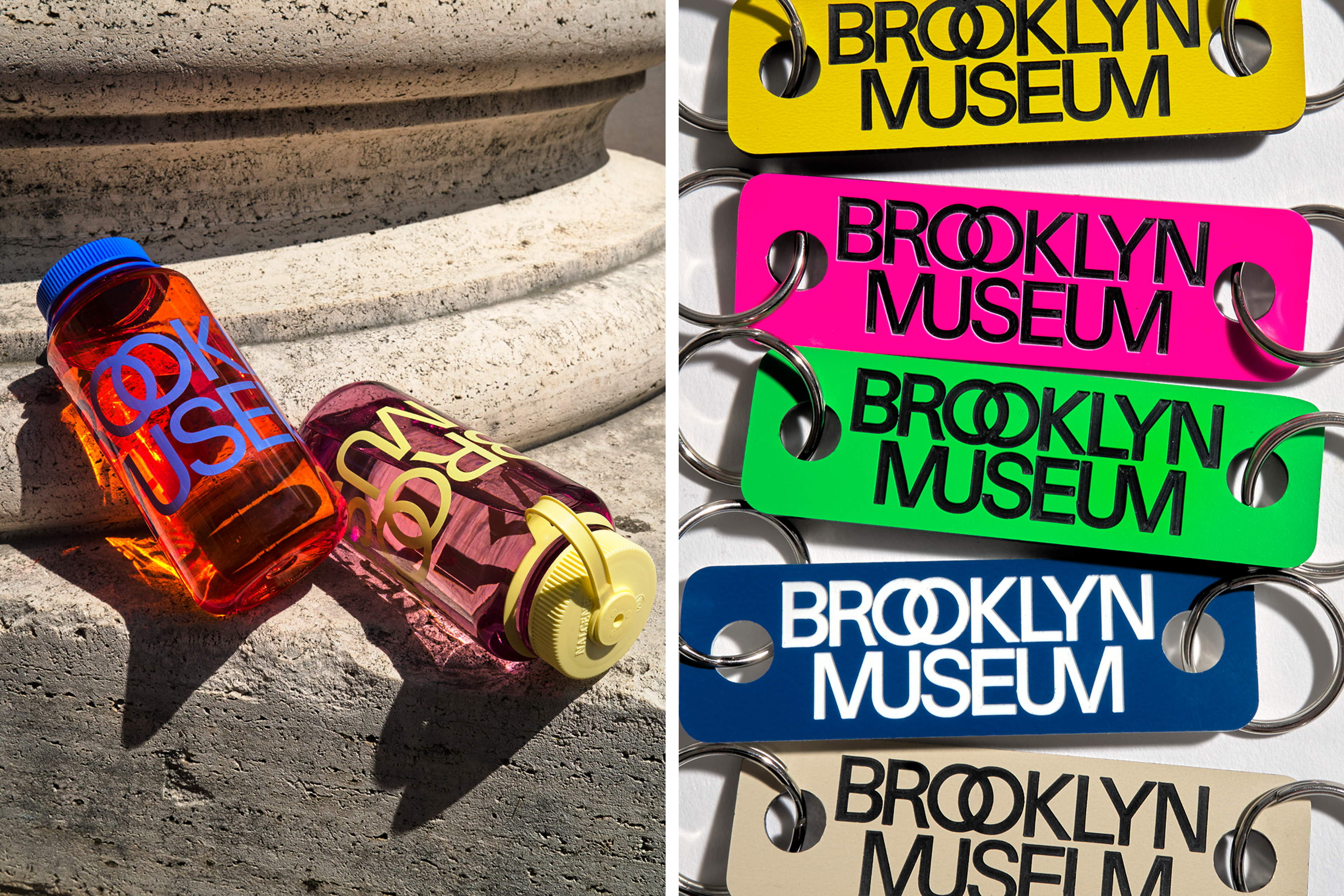 Two photographs of Brooklyn Museum water bottles and key rings