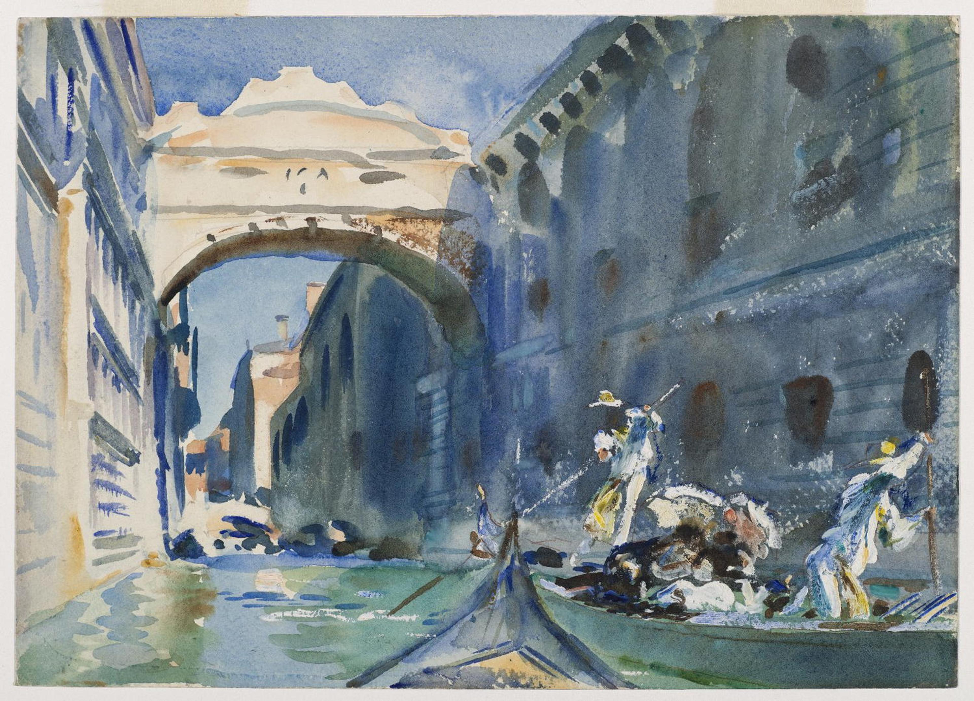 Watercolor painting showing gondoliers rowing under Venice’s Bridge of Sighs