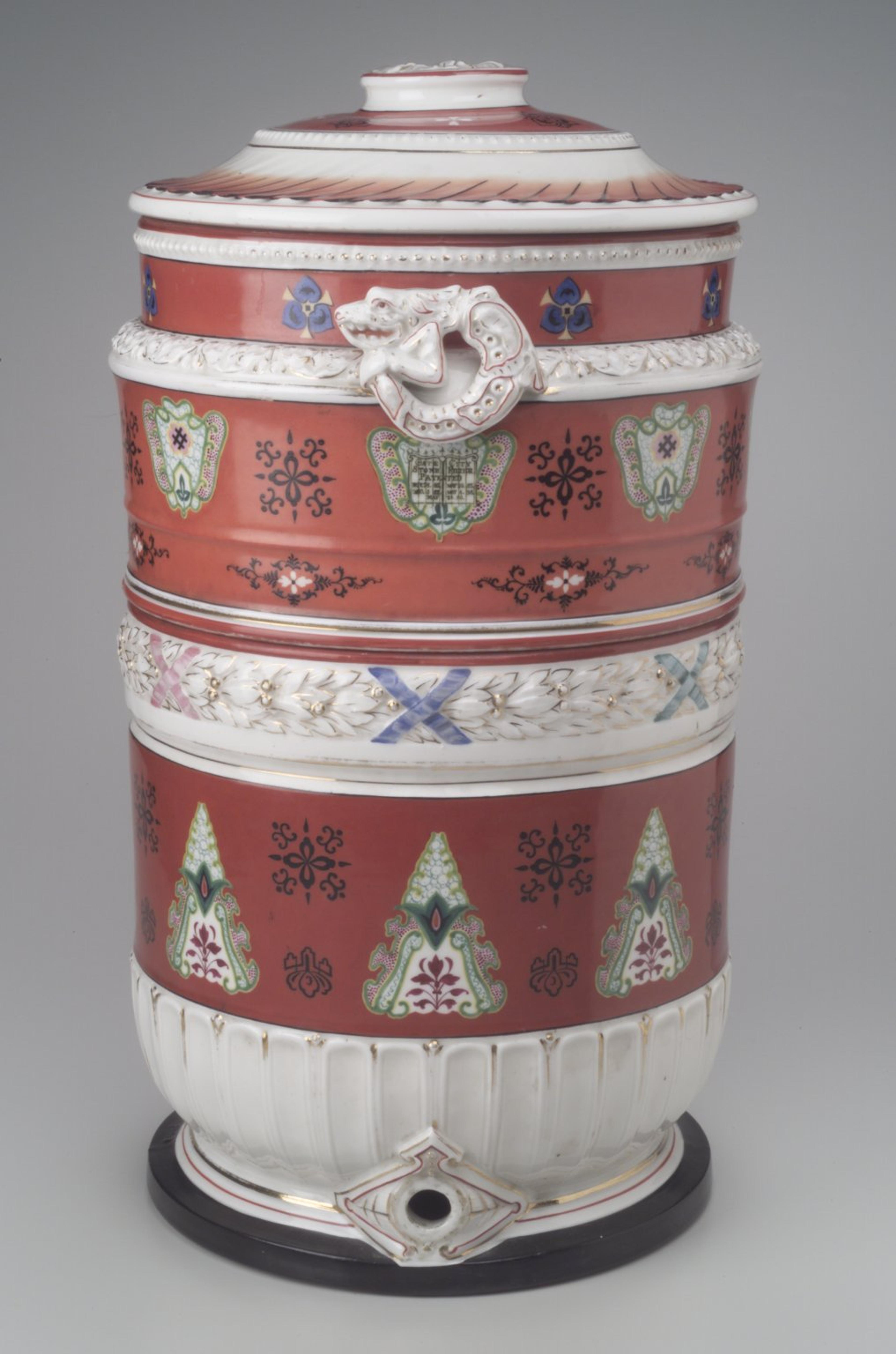 Water Filter. Made by Union Porcelain Works (1863–circa 1922). Greenpoint, Brooklyn, circa 1885. Porcelain, 20 × 121⁄2 x 111⁄2 in. (50.8 × 31.8 × 29.2 cm). Brooklyn Museum; bequest of Marie Bernice Bitzer, by exchange, 1995.143.1a–c