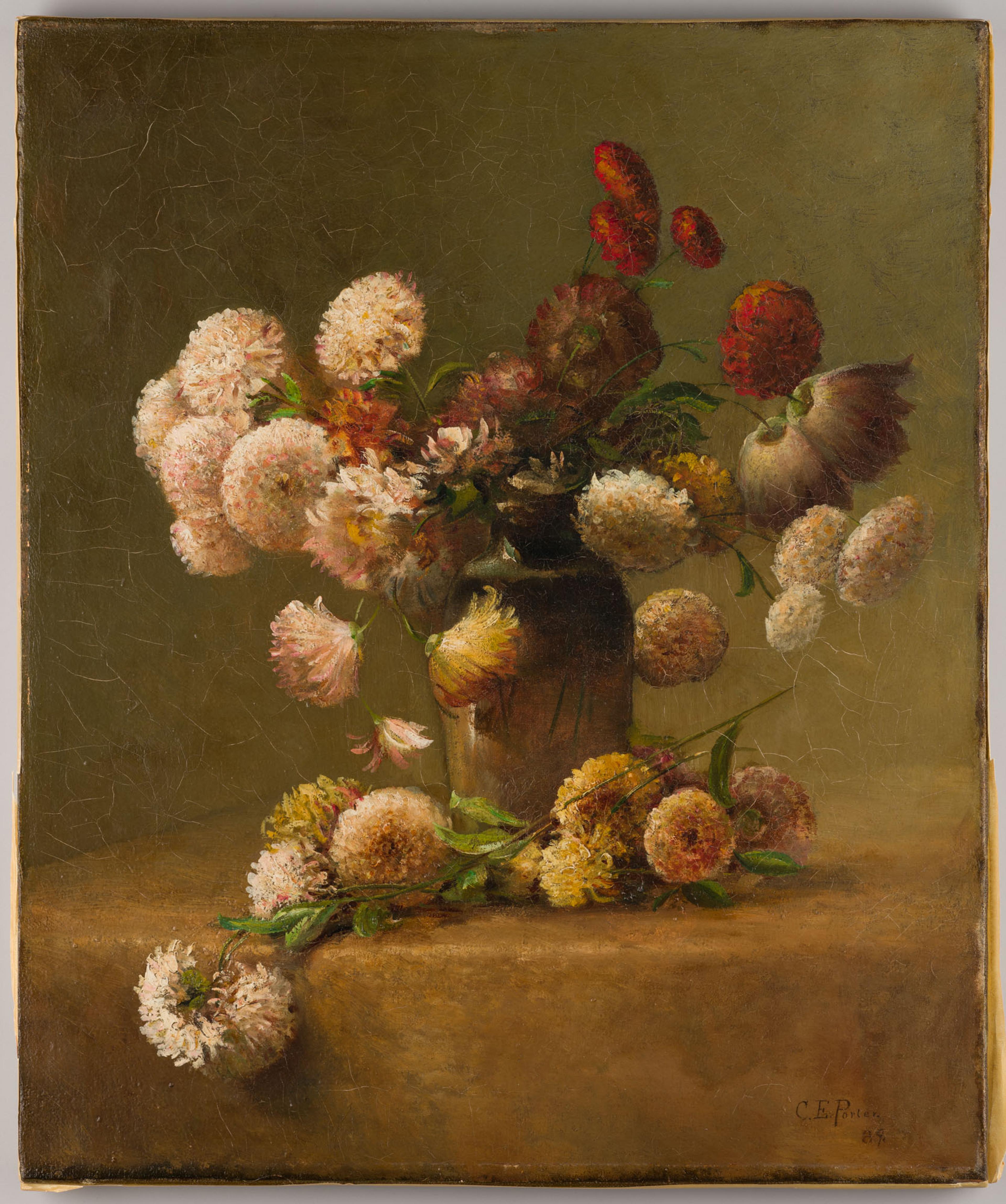 Still-life painting of a bouquet of pink, yellow, and red flowers in a tan vase, against a tan background