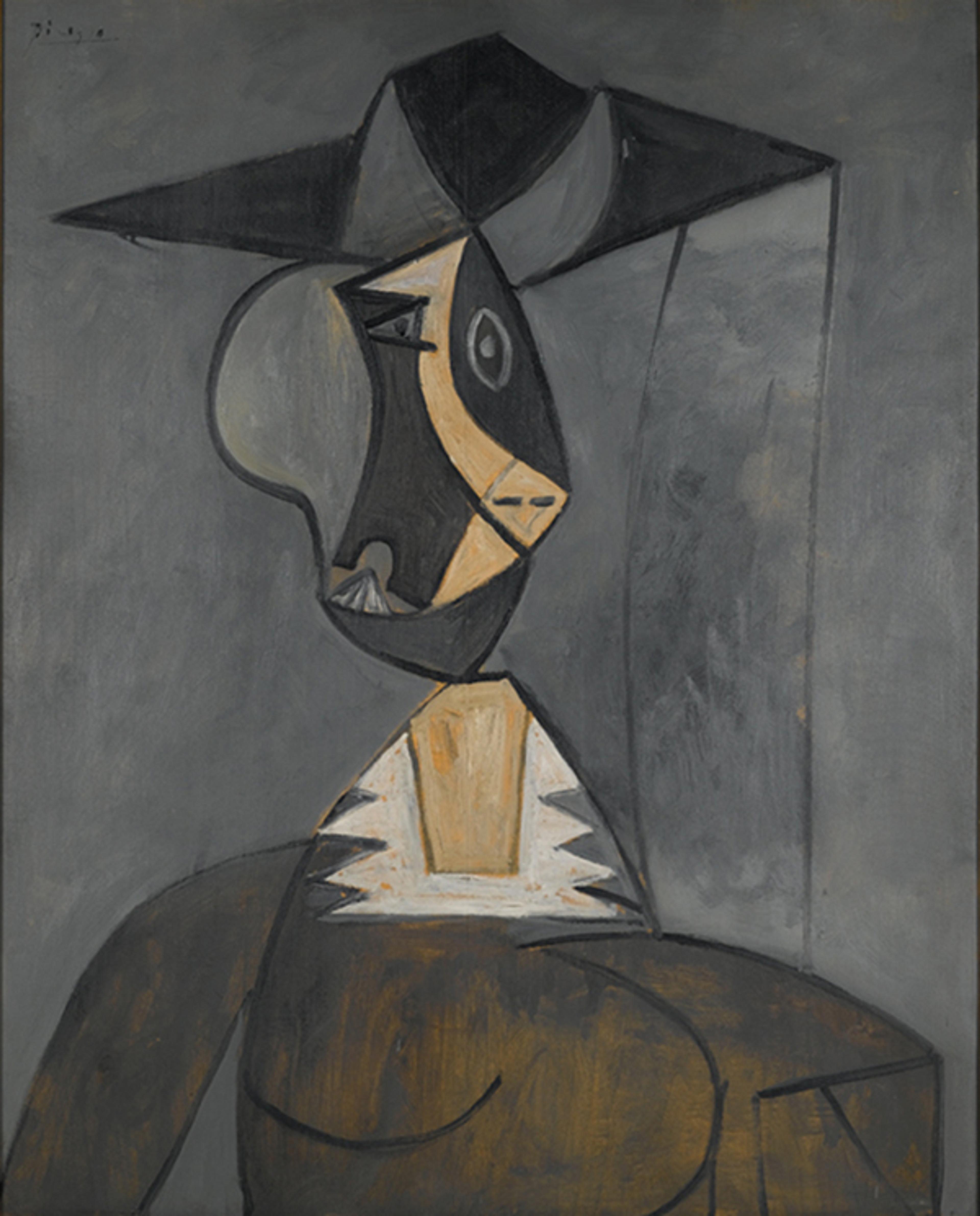 Pablo Picasso (Spanish, 1881–1973). <i>Woman in Gray</i>, 1942. Oil on panel, 39 1/4 × 31 7/8 in. (99.7 × 81 cm). Brooklyn Museum; Gift of the Alex Hillman Family Foundation in memory and in honor of Rita K. Hillman, 2008.43. © 2023 Estate of Pablo Picasso / Artists Rights Society (ARS), New York. (Photo: Brooklyn Museum)