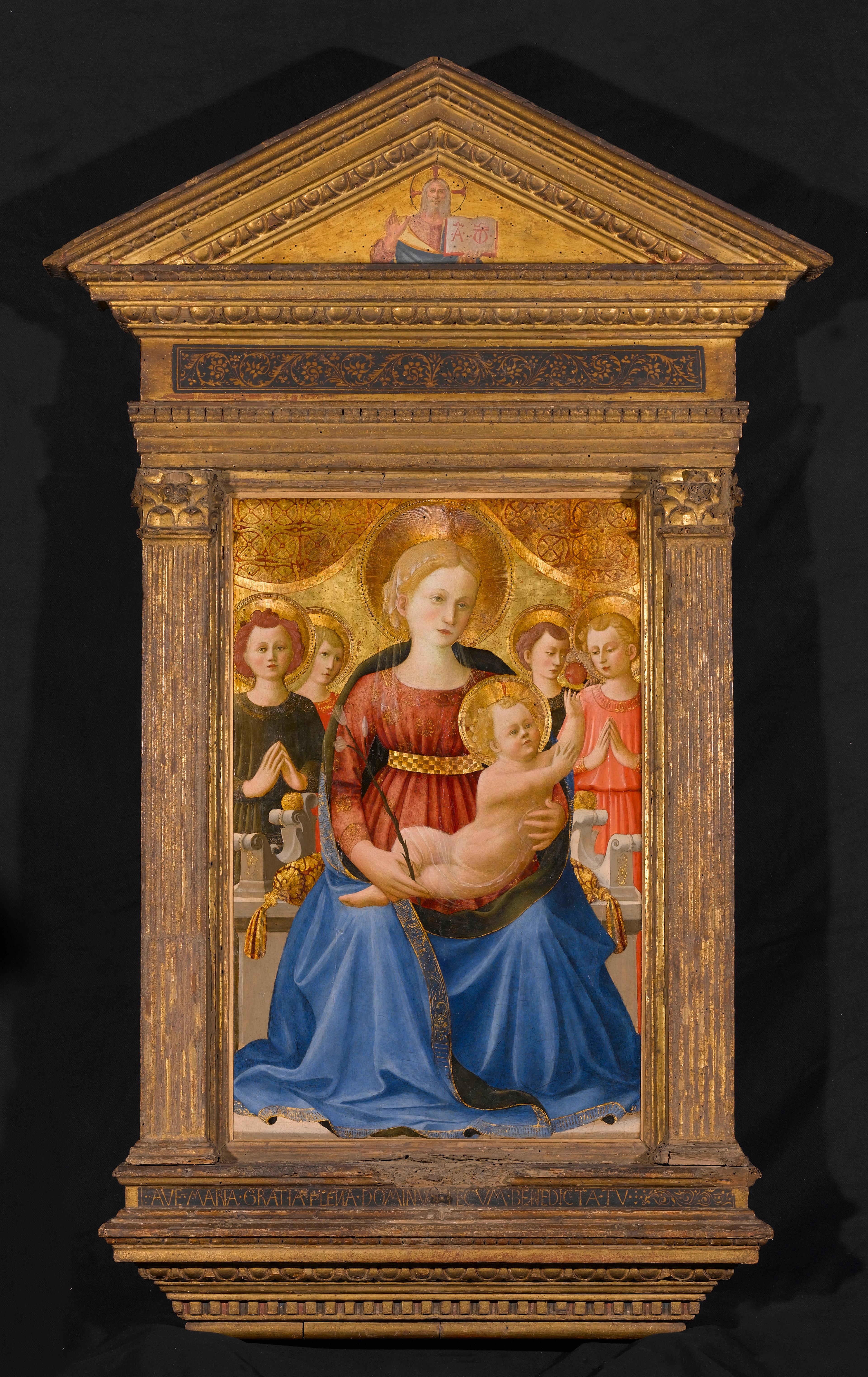 Zanobi Strozzi (Italian, Florentine, 1412–1468). Virgin and Child with Four Angels and the Redeemer, circa 1450. Tempera and tooled gold on panel, 31 x 201/4 in. (78.7 x 51.4 cm); frame (original): 591/4 x 361/2 in. (150.5 x 92.7 cm). Brooklyn Museum; Gift of Mrs. Arthur Lehman, 53.189. (Photo: Sarah DeSantis, Brooklyn Museum)