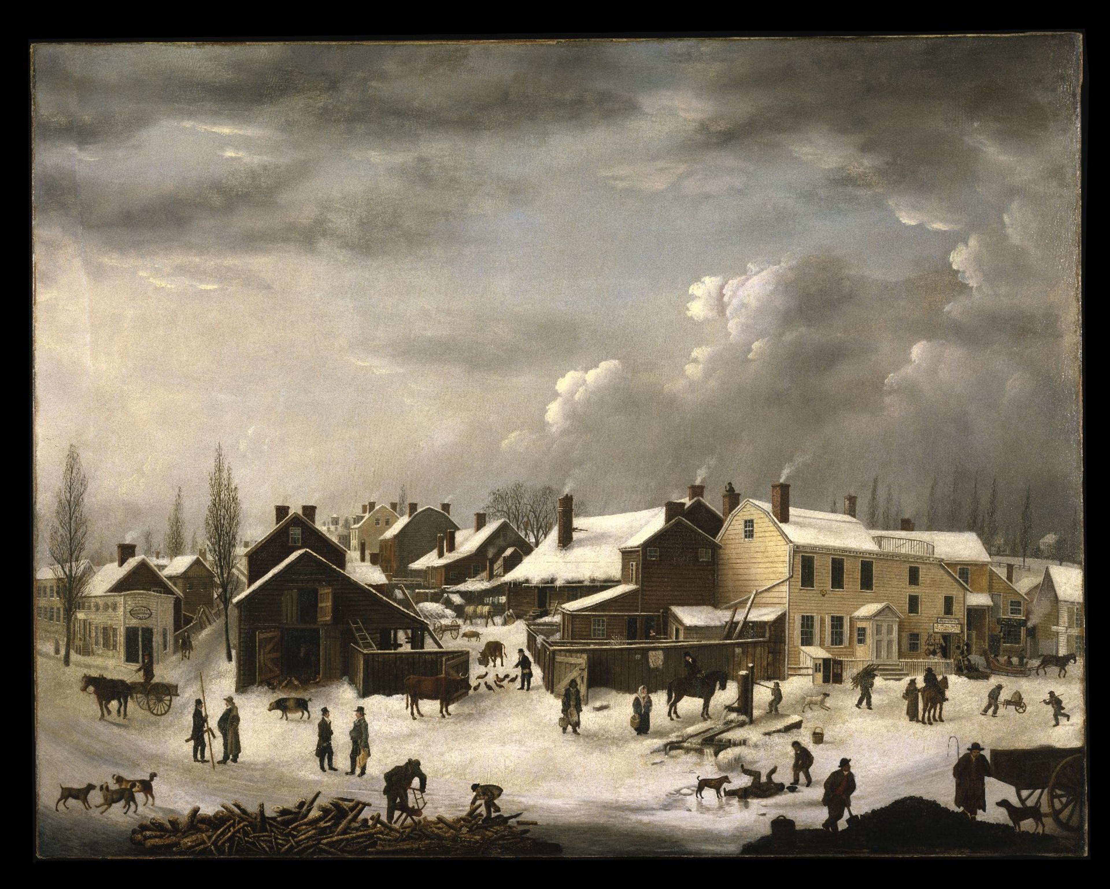 Francis Guy (American, 1760–1820). Winter Scene in Brooklyn, circa 1819–20. Oil on canvas, 583⁄8 x 749⁄16 in. (148.2 × 189.4 cm). Brooklyn Museum, Gift of the Brooklyn Institute of Arts and Sciences, 97.13