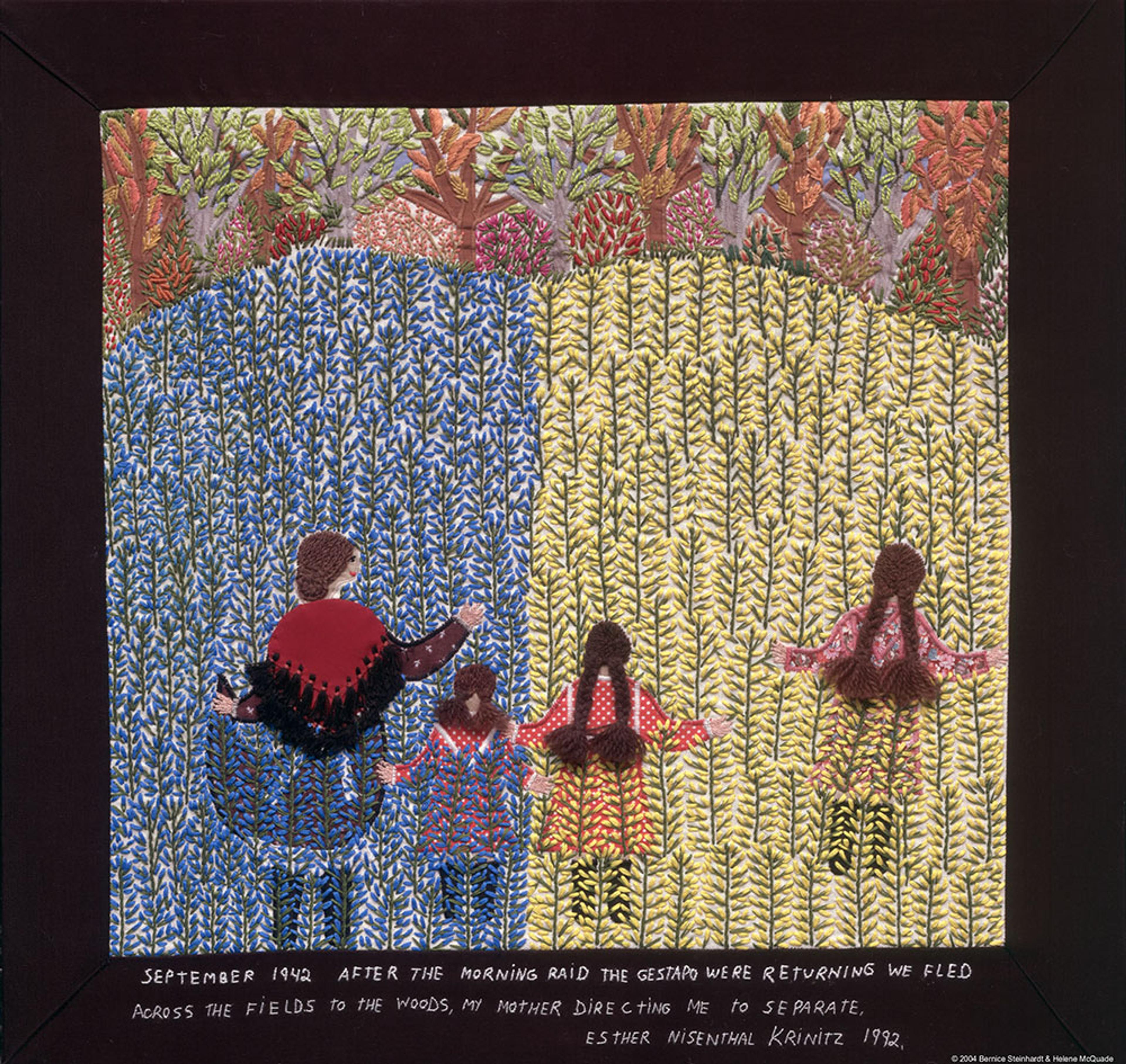 Esther Nisenthal Krinitz (Polish, 1927–2001). We Fled Across the Fields, 1992. Embroidery on cloth, 22 x 22 in. Courtesy of Art and Remembrance