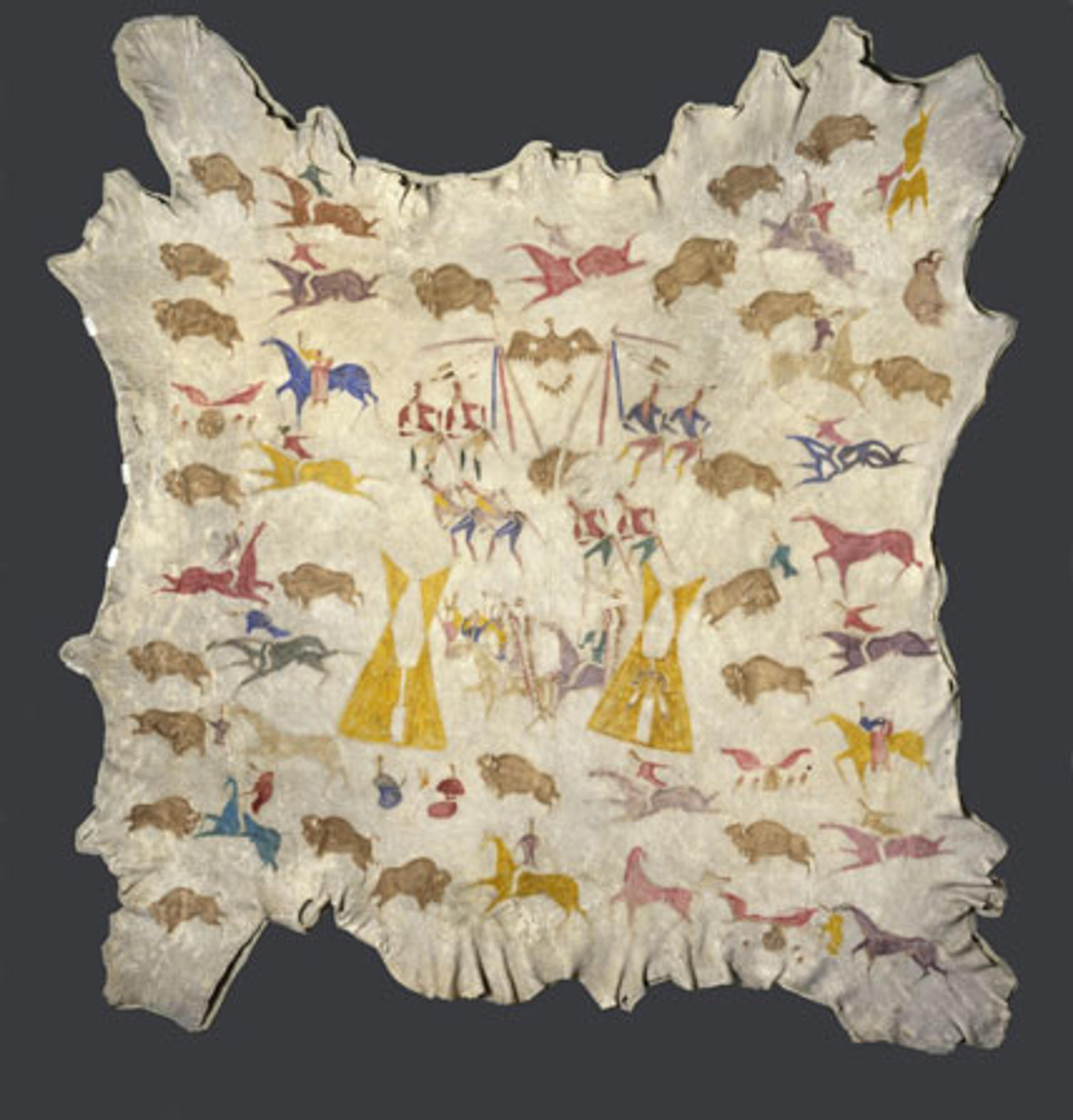 Cadzi Cody (Cotsiogo) (Shoshone, 1866–1912). Painted Robe, circa 1900. Wyoming. Elk hide, pigment, approx. 81 × 78 in. (205.7 × 198.1 cm). Brooklyn Museum, Dick S. Ramsay Fund, 64.13