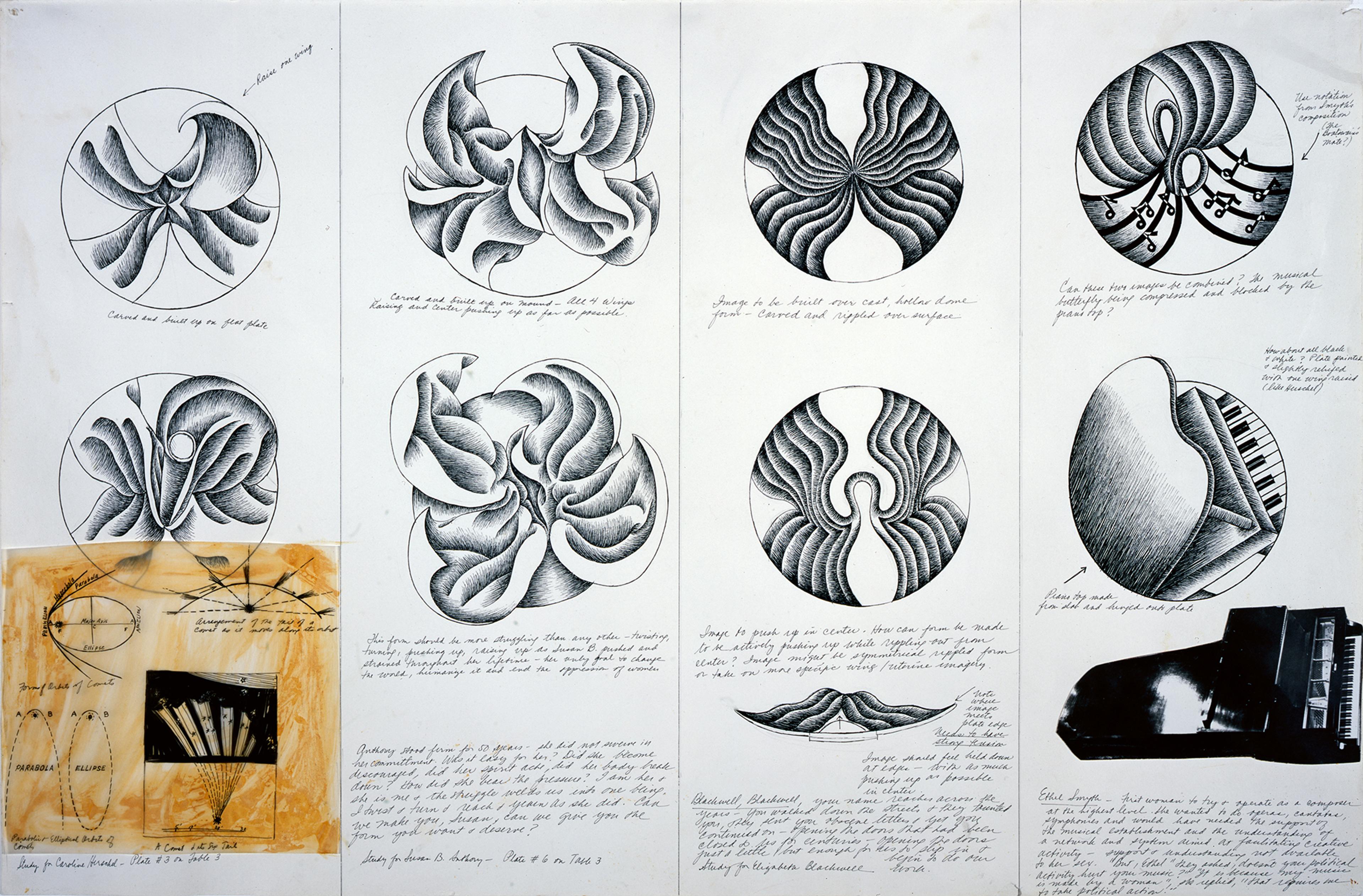 Judy Chicago (American, born 1939). Study for C. Herschel, S. Anthony, E. Blackwell, and E. Smyth plates from The Dinner Party, 1978. Ink and collage on paper, 23 x 35 in. (58.4 x 88.9 cm). Courtesy of the artist. © 2017 Judy Chicago/Artists Rights Society (ARS), New York. (Photo © Donald Woodman)