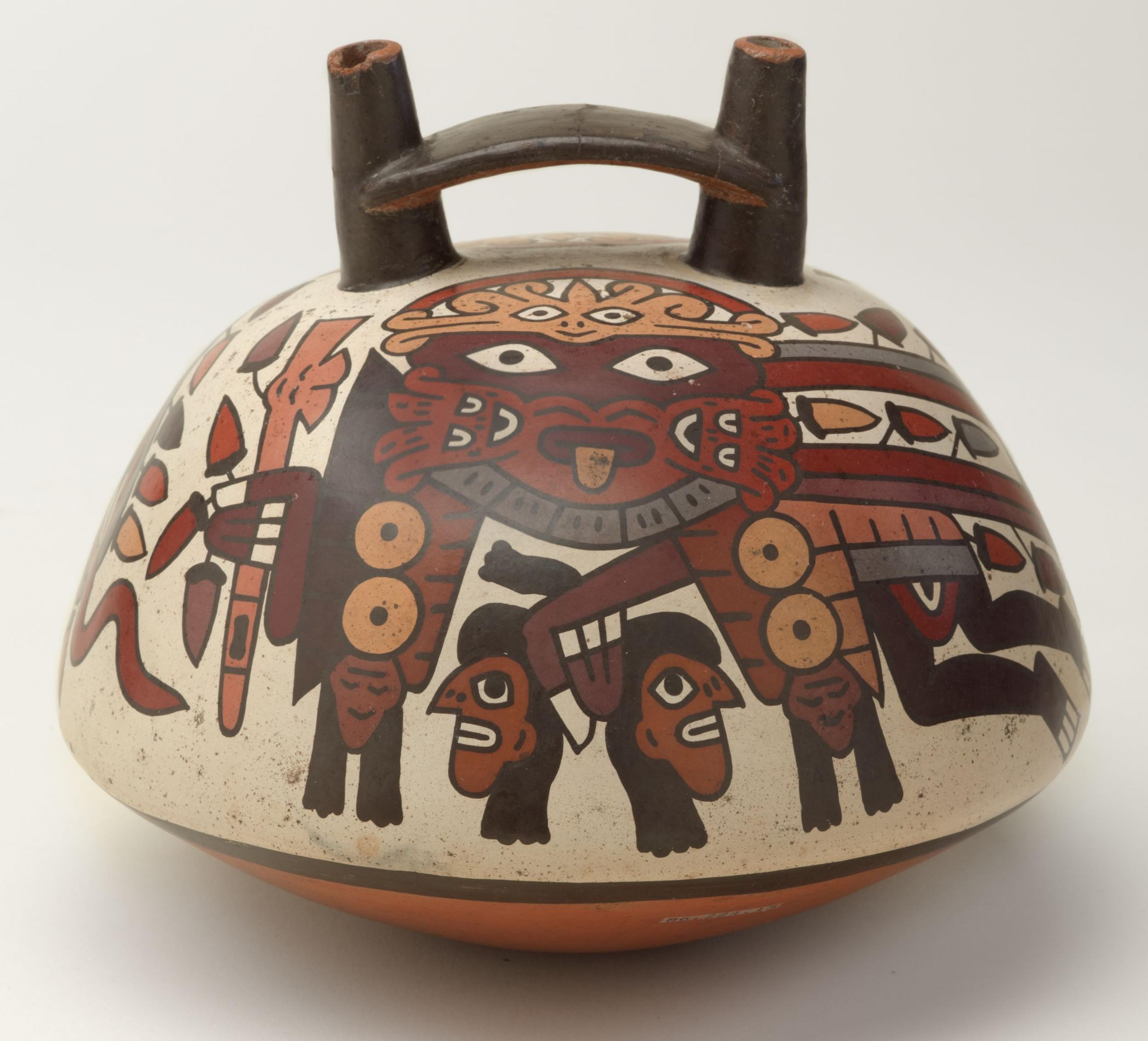 Nasca artist. Double-Spouted Vessel, 325–440. Ceramic, pigment, 6 × 7 × 7 in. (15.2 × 17.8 × 17.8 cm). Brooklyn Museum; Gift of the Ernest Erickson Foundation, Inc., 86.224.15. Creative Commons-BY. (Photo: Brooklyn Museum)