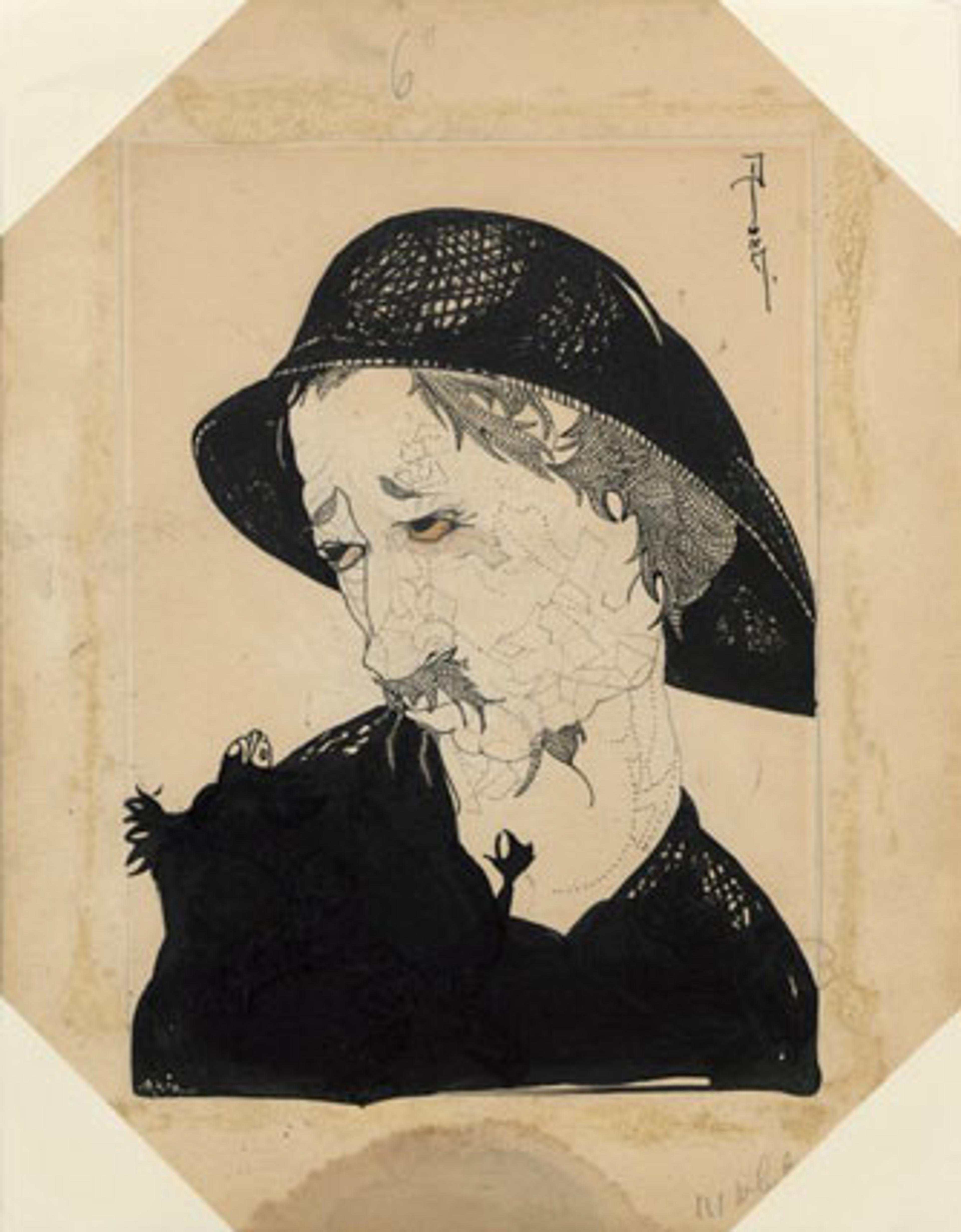 Man with moustache, fisherman’s hat, looking left, for “On Going Fishing,” New York Morning Telegraph Sunday Magazine, July 29, 1917. Ink on paper. Djuna Barnes Papers, Special Collections, University of Maryland Libraries