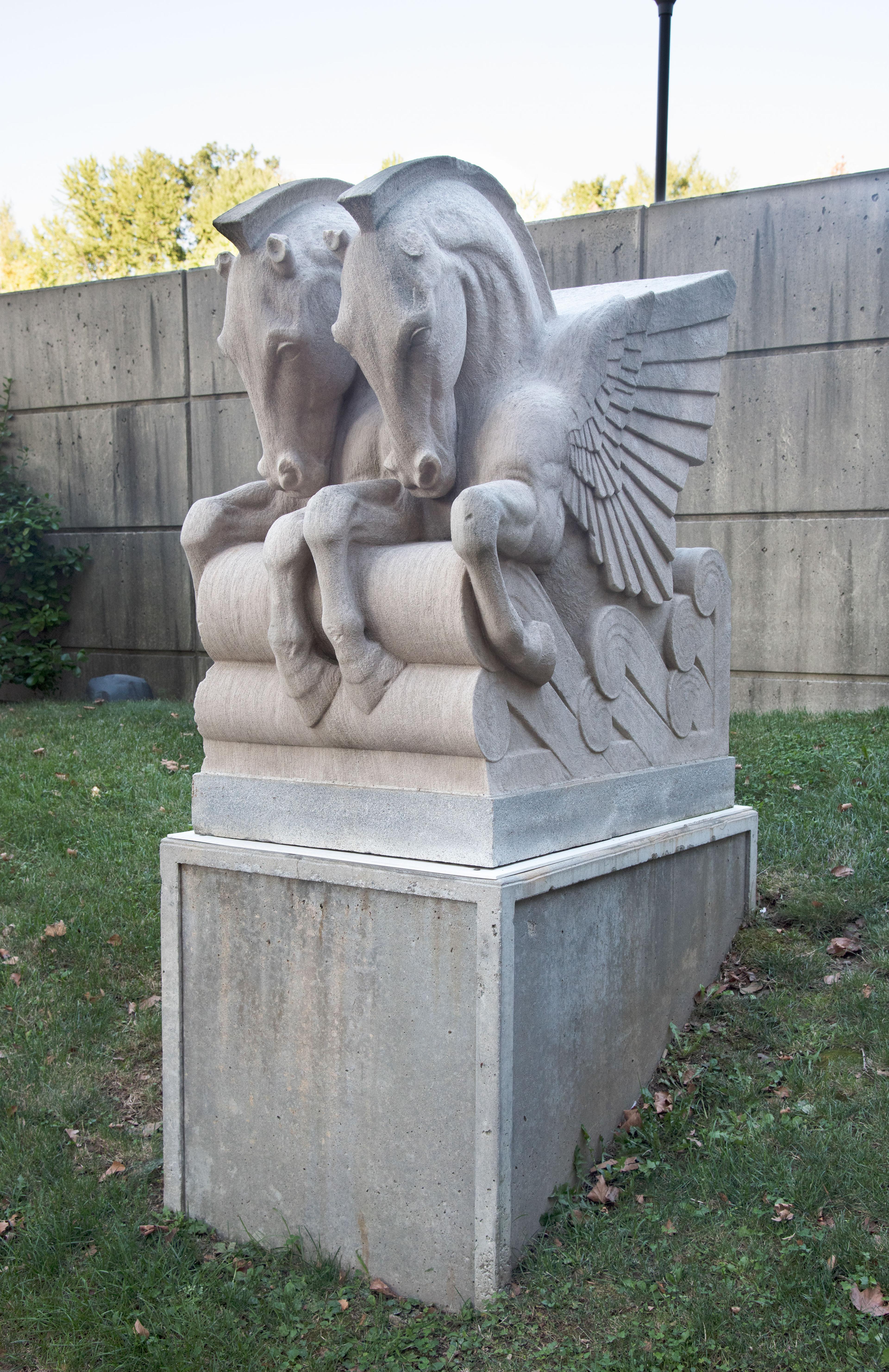 Irwin S. Chanin (American, 1891–1988). Double Pegasus, one of four, from the Coney Island High Pressure Pumping Station, 2301 Neptune Avenue, Brooklyn, 1936–37. Limestone, on a granite plinth, 48 x 24 x 48 in. (121.9 x 61.0 x 121.9 cm). Brooklyn Museum, Lent by The City of New York, L2003.7.1