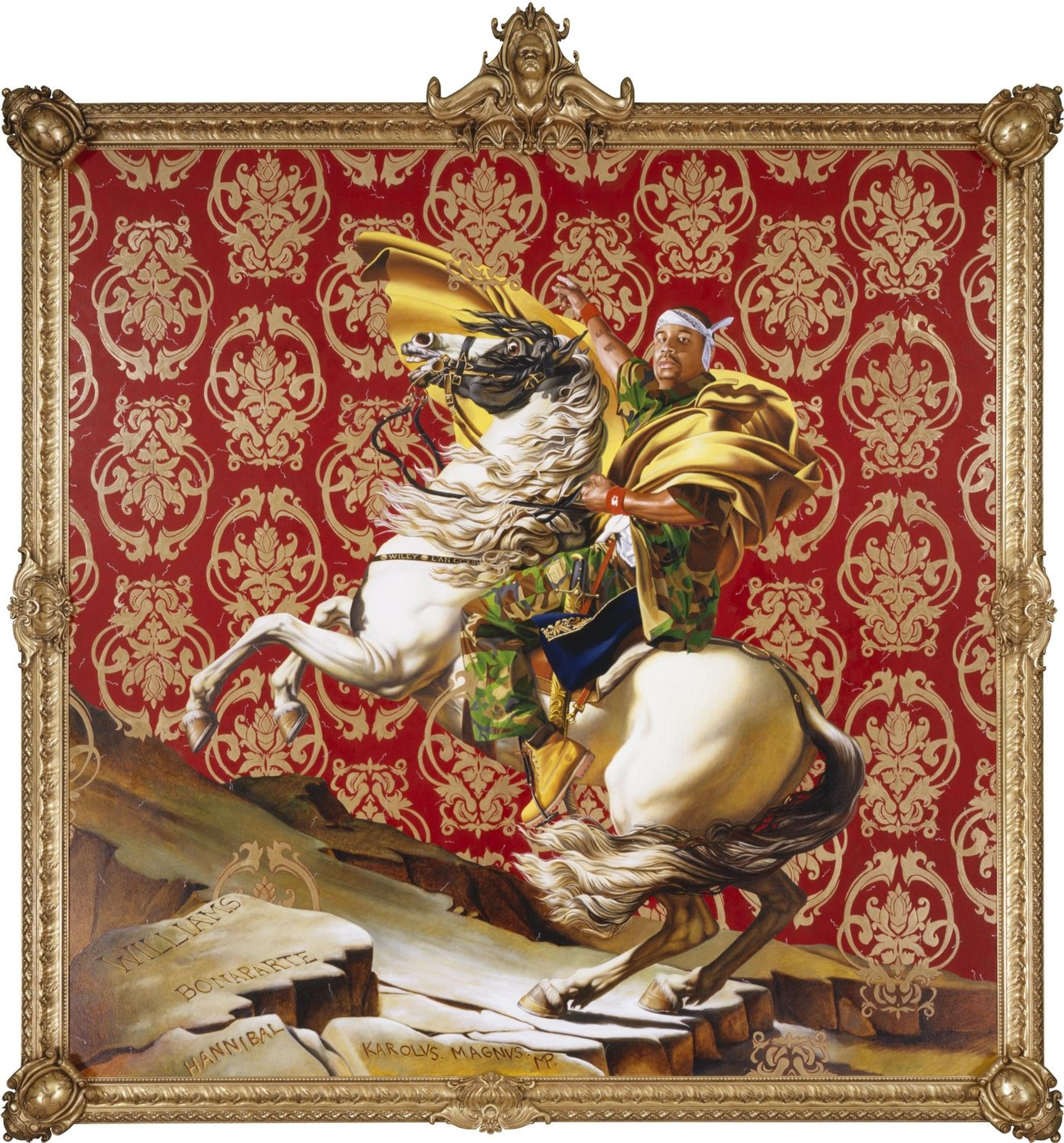 Kehinde Wiley (American, b. 1977). <i>Napoleon Leading the Army over the Alps</i>, 2005. Oil on canvas, 108 × 108 in. (274.3 × 274.3 cm). Collection of Suzi and Andrew B. Cohen. © Kehinde Wiley. (Photo: Sarah DiSantis, Brooklyn Museum)