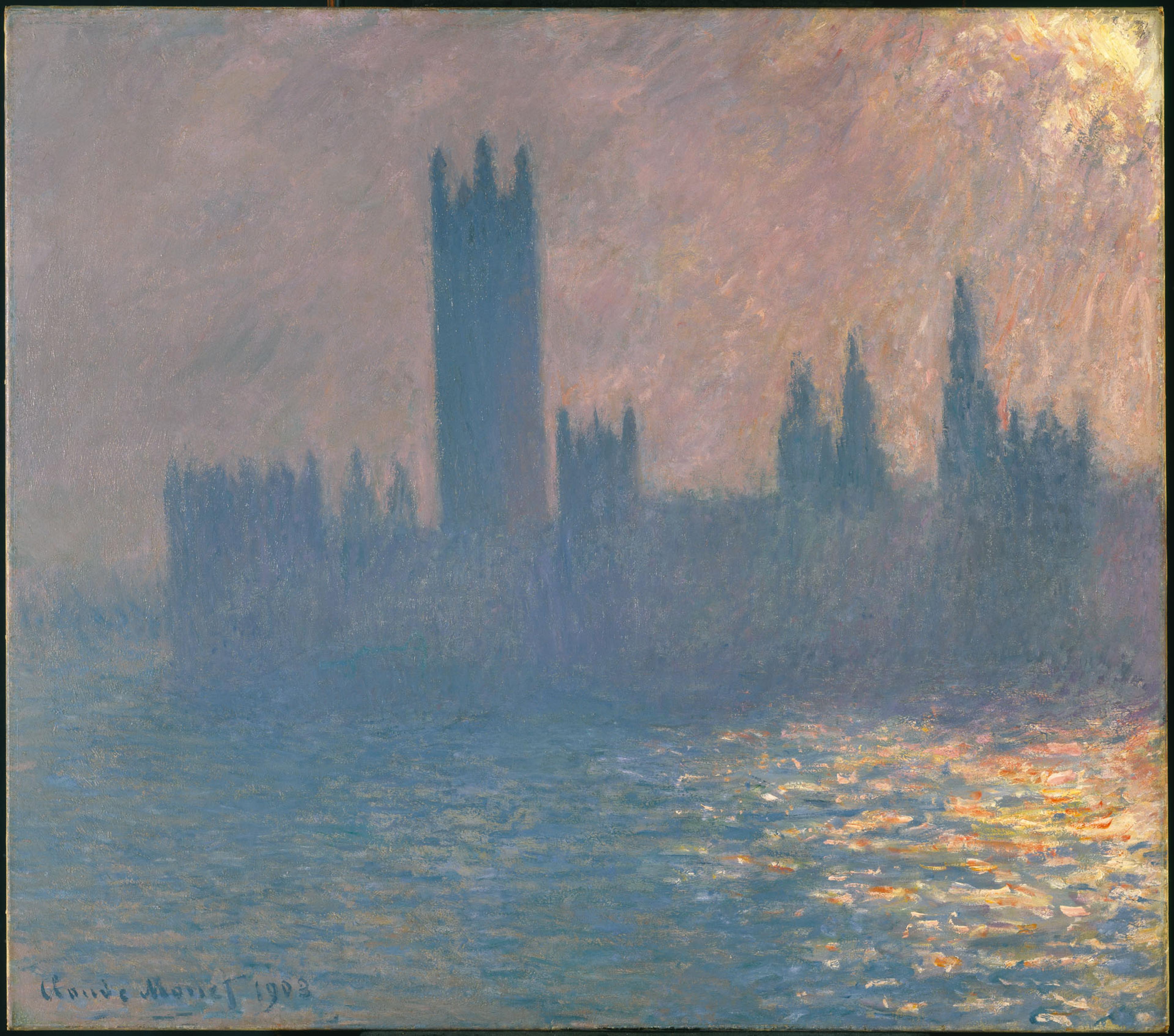 Impressionist painting depicting Houses of Parliament at sunset
