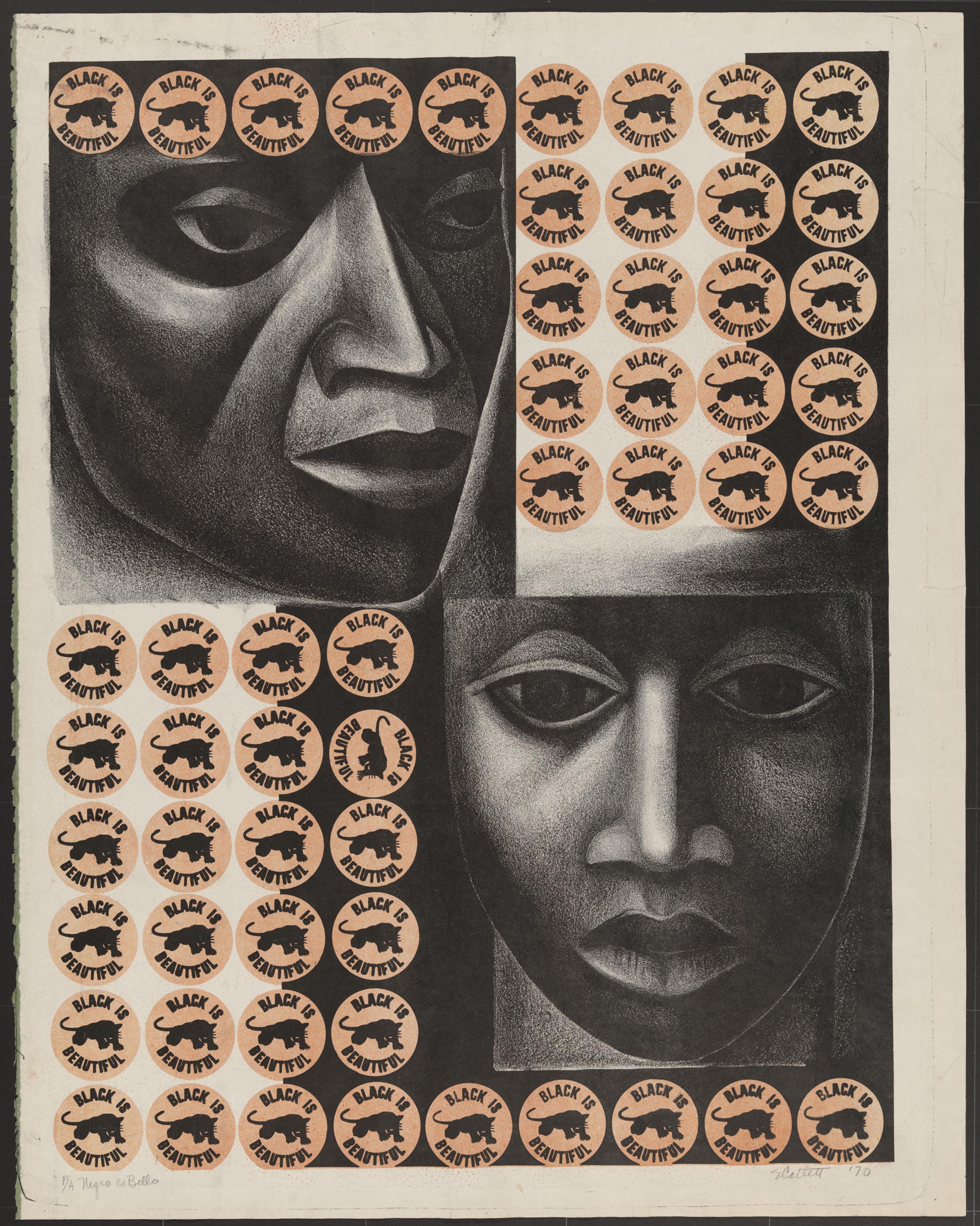 Print of two black and white heads surrounded by grids of orange buttons that say "Black is Beautiful"