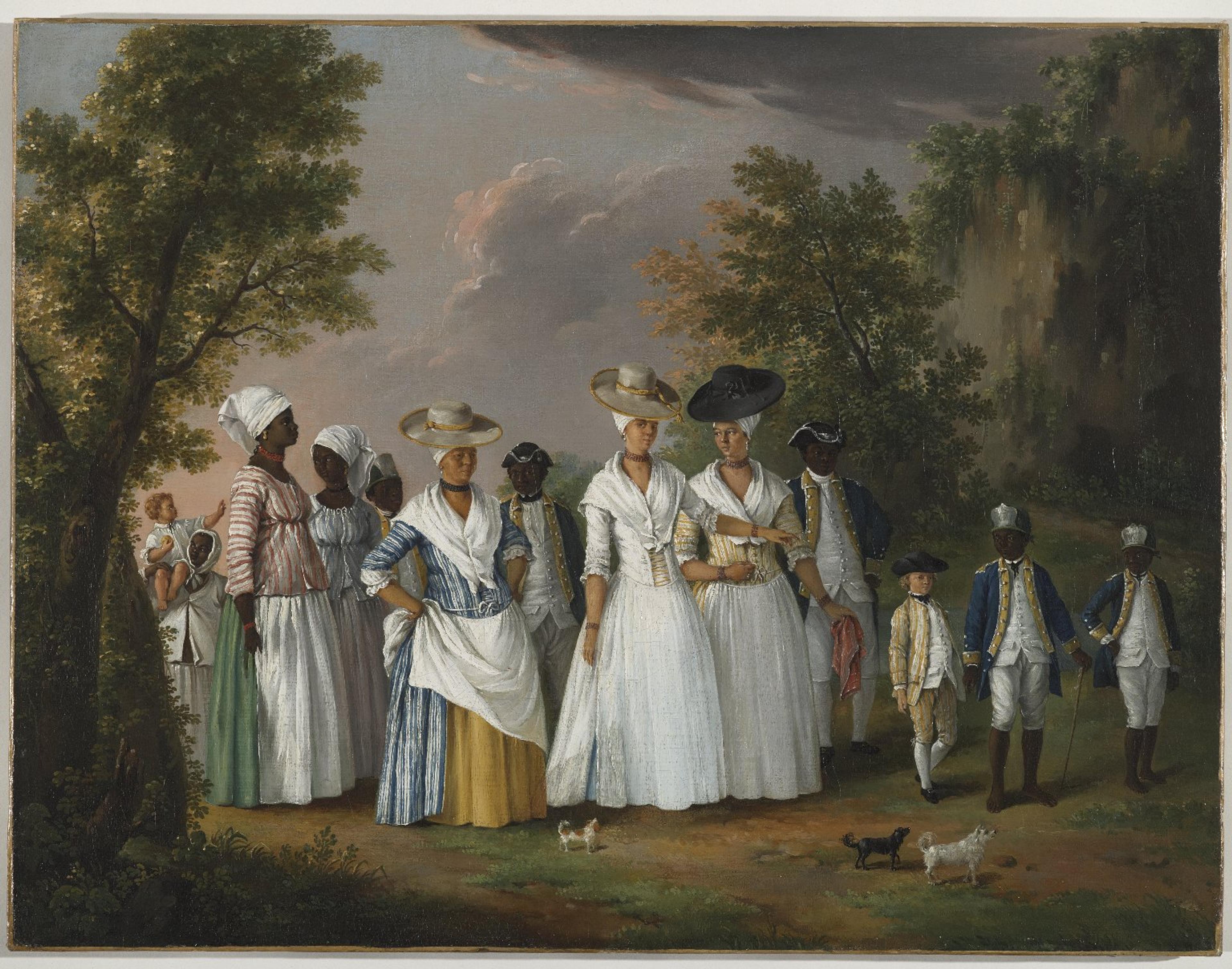 Agostino Brunias (Italian, circa 1730–1796). Free Women of Color with their Children and Servants in a Landscape, circa 1764–96. Oil on canvas, 20 × 261⁄8 in. (50.8 × 66.4 cm). Brooklyn Museum, Gift of Mrs. Carll H. de Silver in memory of her husband, by exchange and gift of George S. Hellman, by exchange, 2010.59