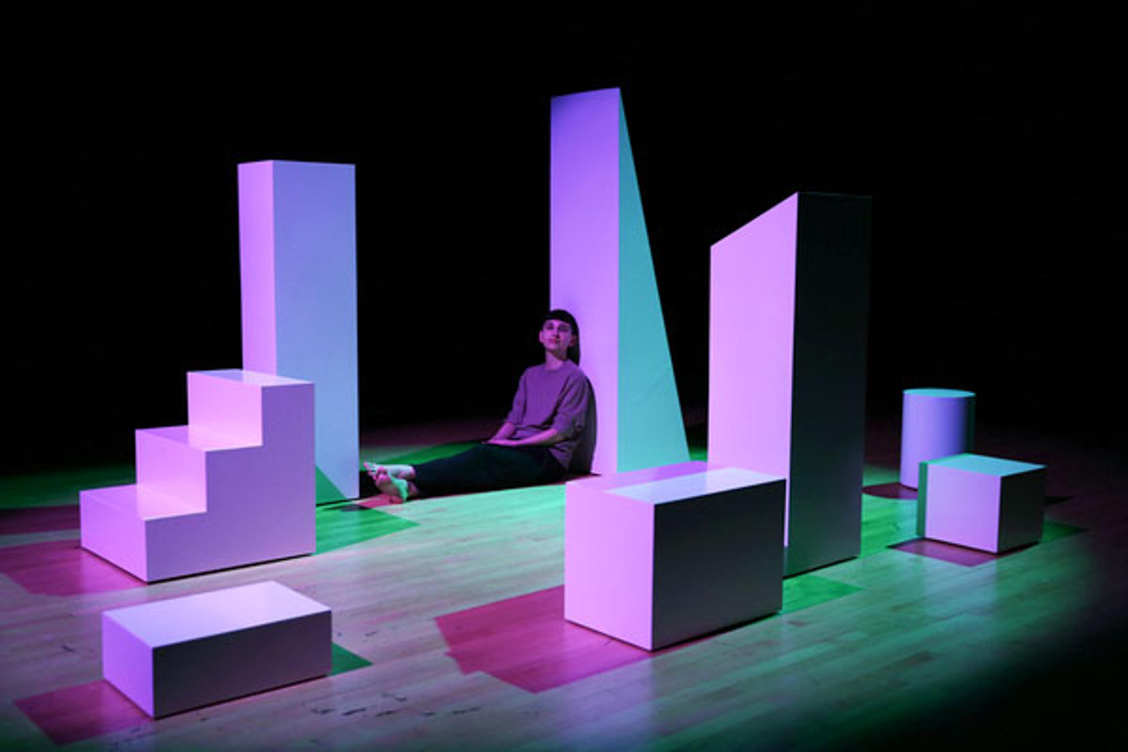 Gordon Hall (American, b. 1983). "Read me that part a-gain, where I disin-herit everybody," 2014. Wood, paint, and performance-lecture with projected images and colored light, dimensions variable, 50 min. Commissioned by EMPAC/Experimental Media and Performing Arts Center, Rensselaer Polytechnic Institute, Troy, New York. Courtesy of the artist. © Gordon Hall