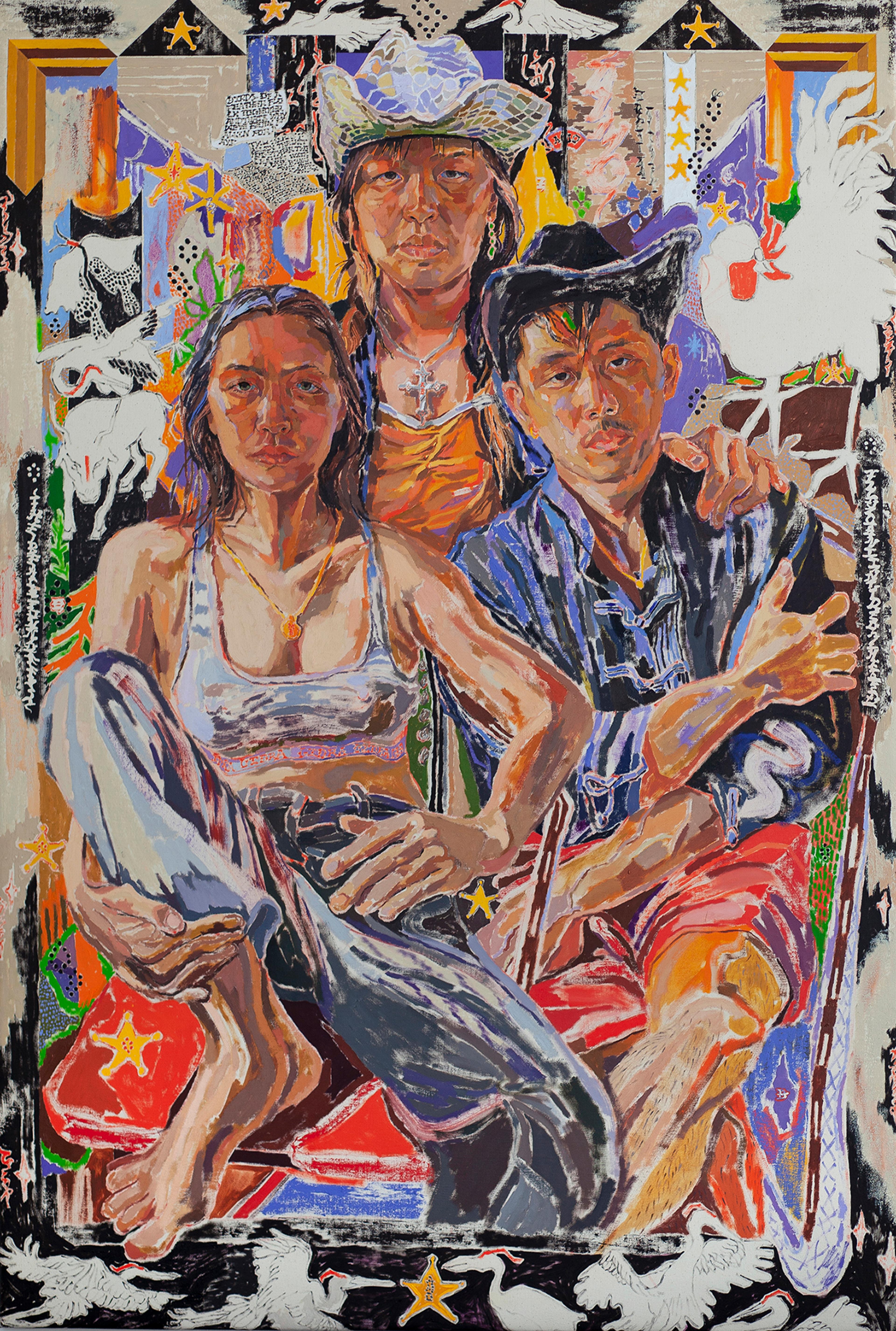 Oscar yi Hou (born Liverpool, UK, 1998). birds of a feather flock together, aka: A New Family Portrait, 2020. Oil on canvas, 61 × 43 in. (154.9 × 109.2 cm). Collection of Joe Mantello and Paul Marlow. © Oscar yi Hou. (Photo: Oscar yi Hou, courtesy of Carl Freedman Gallery)