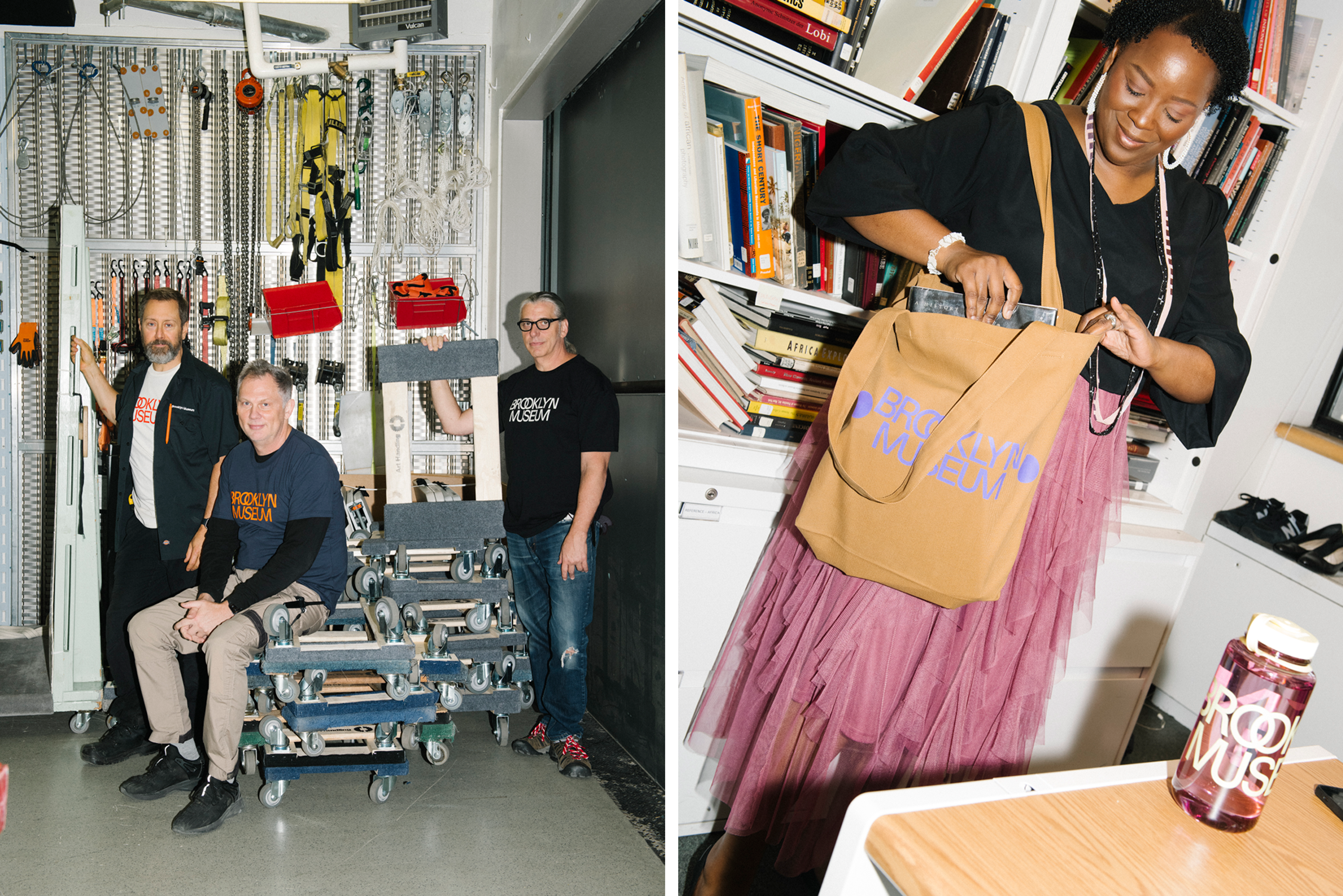 Two photographs of people wearing Brooklyn Museum merch