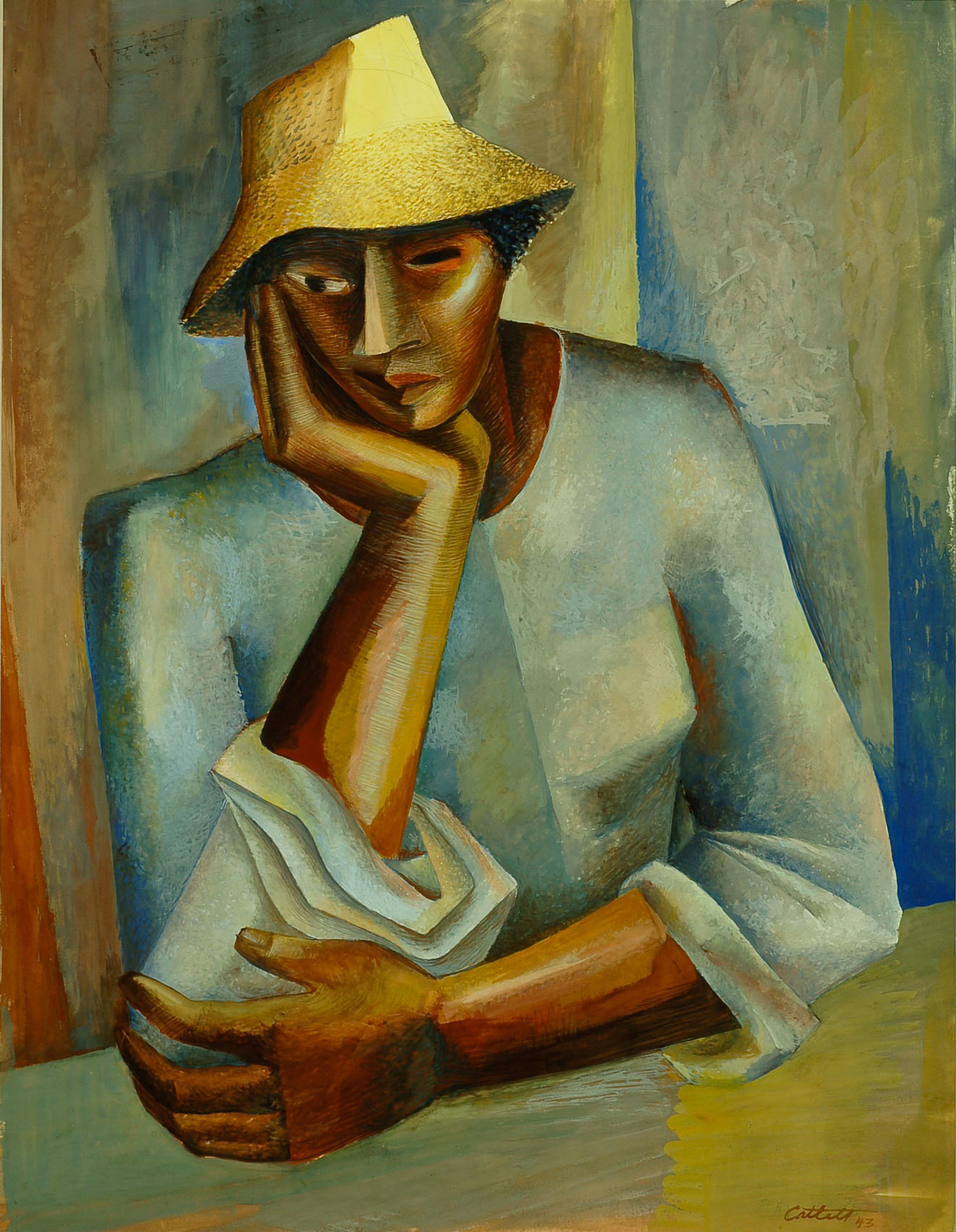 Painted portrait of a figure wearing a straw hat and a blue top, sitting with arms crossed and under chin