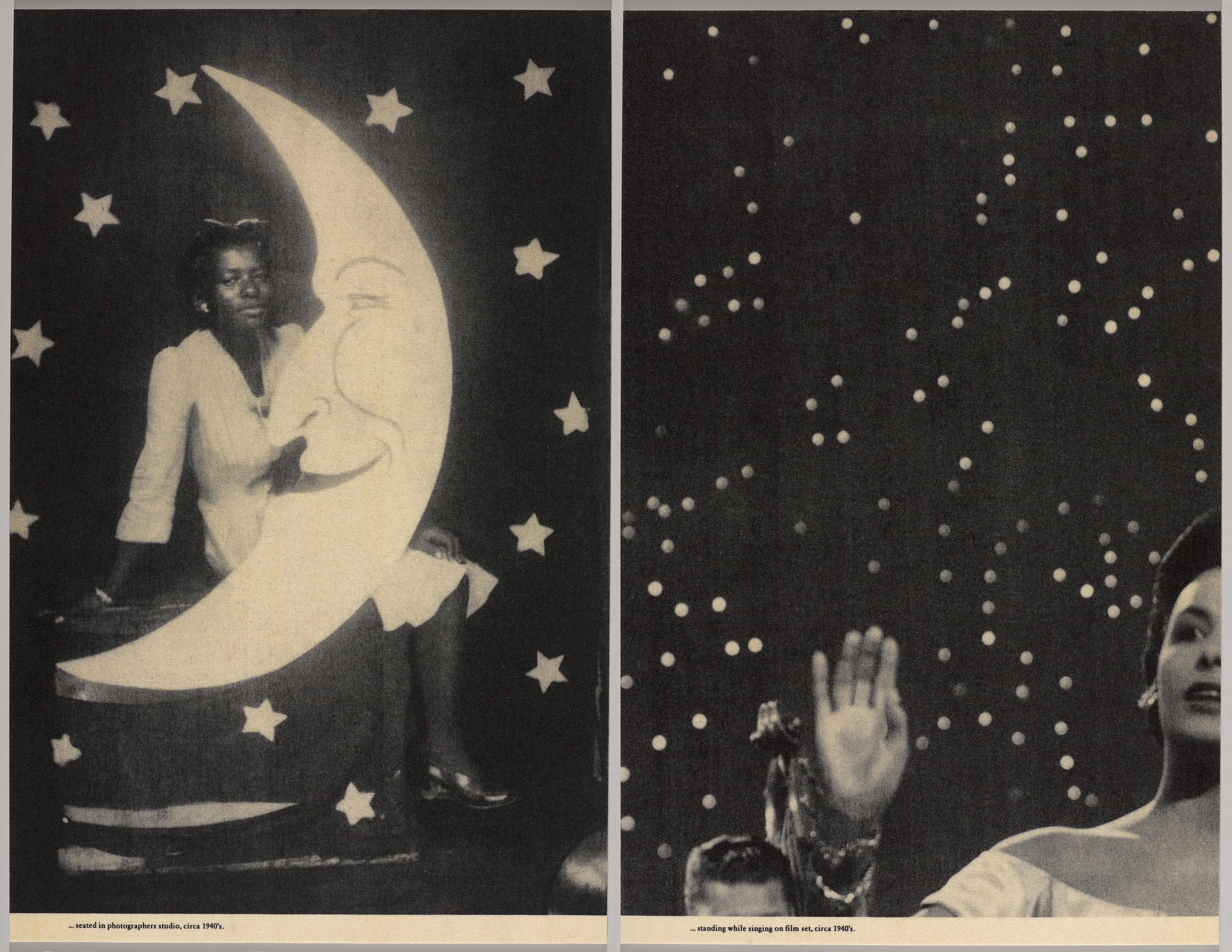 A pair of black-and-white photographs. On the left a young woman poses with a moon and stars. On the right part of a woman's face and raised hand in front of a dotted background.