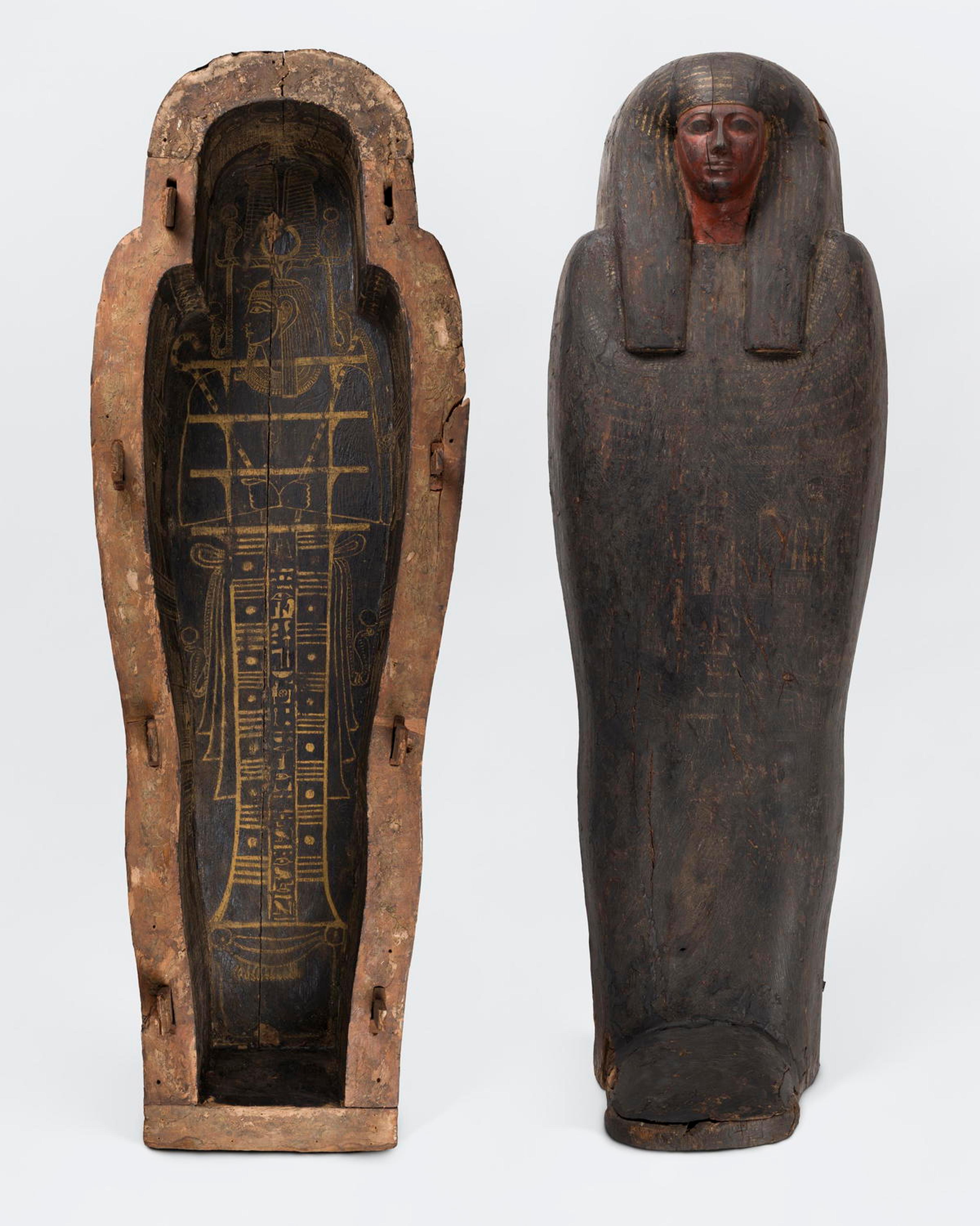<i>Outer Coffin of Horus</i>, 796–771 B.C.E.. Wood, pigment, beeswax, plant resins, bitumen, and proteinaceous adhesives, Lid: 15 7/8 x 25 x 79 1/4 in. (40.3 x 63.5 x 201.3 cm) Box: 18 x 27 1/8 x 79 1/4 in. (45.7 x 68.9 x 201.3 cm) Box: 151 lb. (68.49kg) Lid and Base together: 30 7/8 x 27 1/8 x 79 1/4 in. (78.4 x 68.9 x 201.3 cm) [Note: this is 3 inches shorter than the two heights combined because the tongs on the base go into the slots of the lid]. Brooklyn Museum, Charles Edwin Wilbour Fund, 37.1927Ea-b. (Photo: Brooklyn Museum)