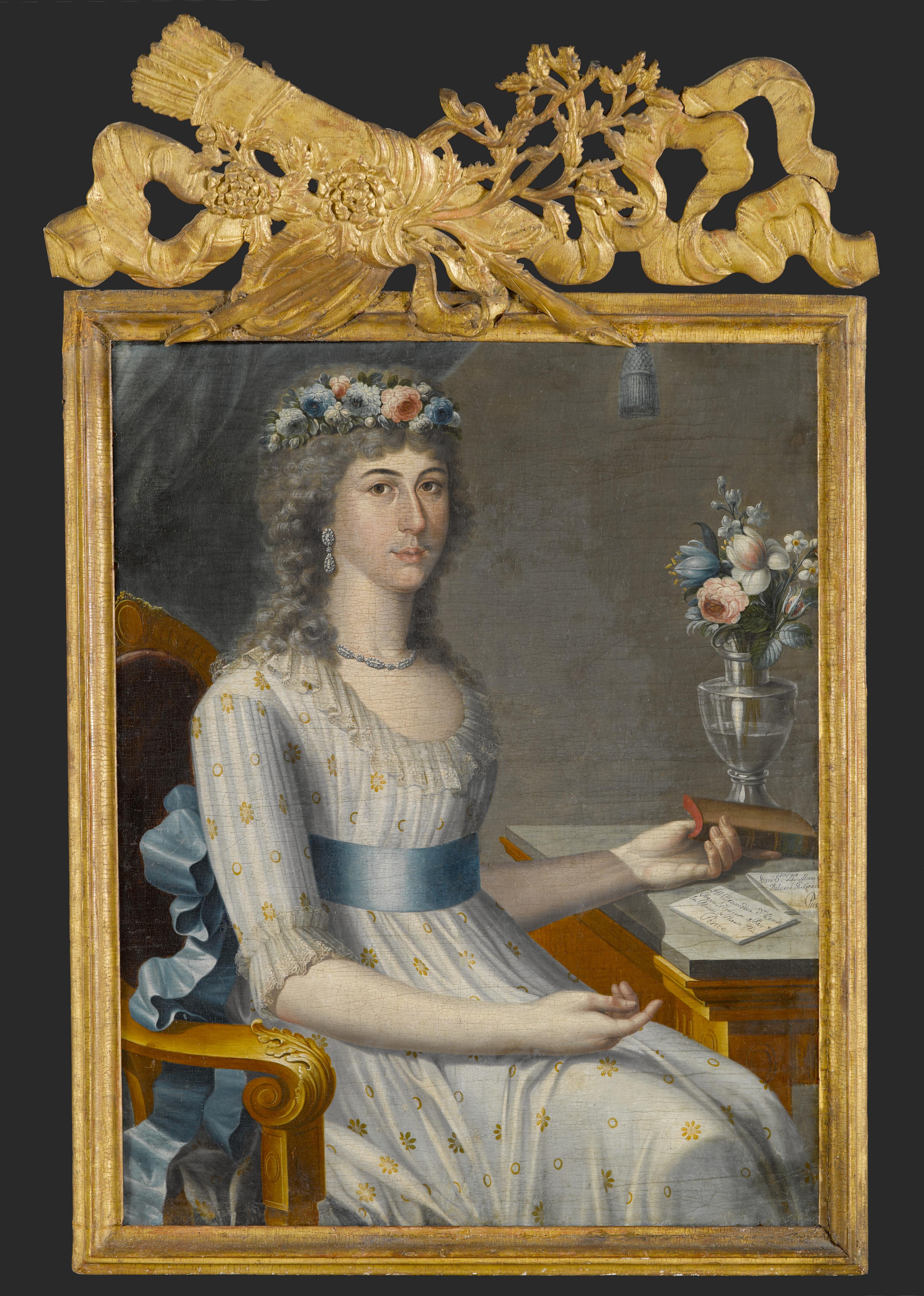 Painting of a seated woman in a gold frame topped with an elaborate carving