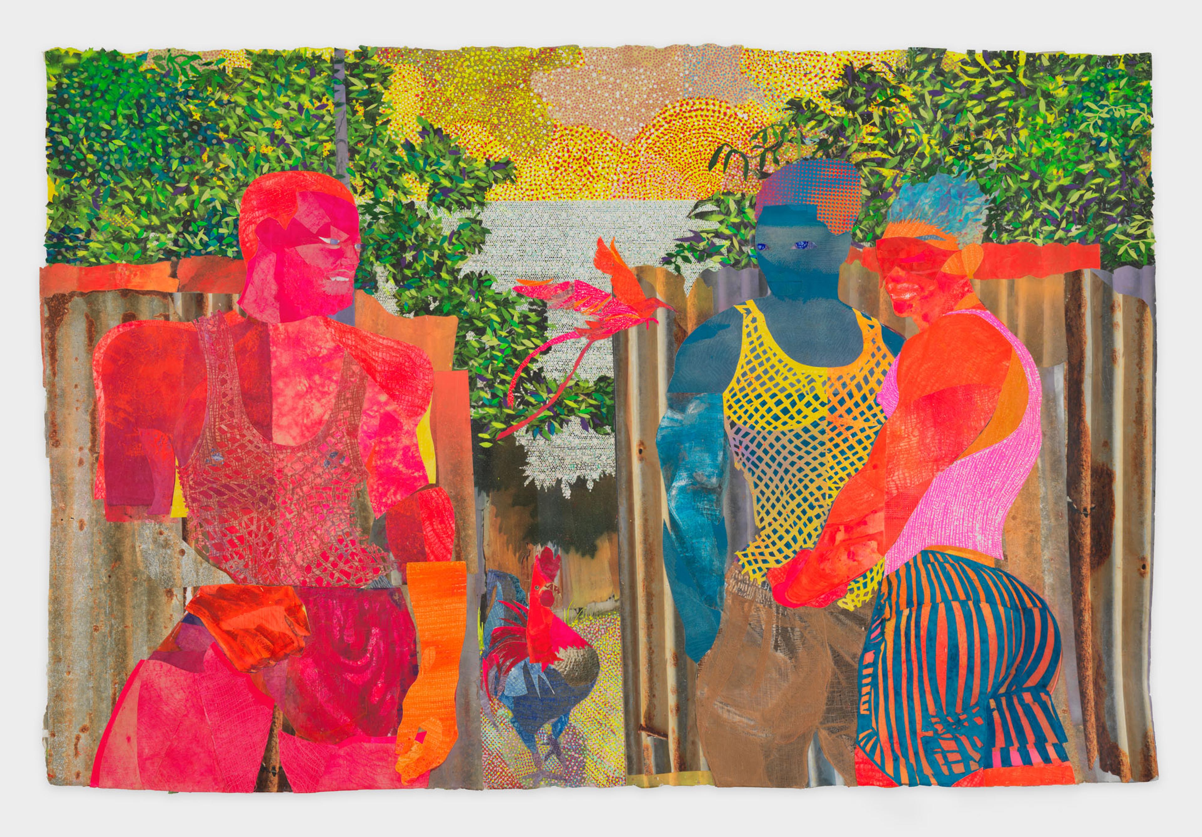 Vernando Reuben. Shanty Town Gym Club, 2023. Watercolor, acrylic, pigment, found objects, gauze, cyanotype, and screenprint on paper. Courtesy of the artist. © Vernando Reuben. (Photo: Courtesy of the artist)