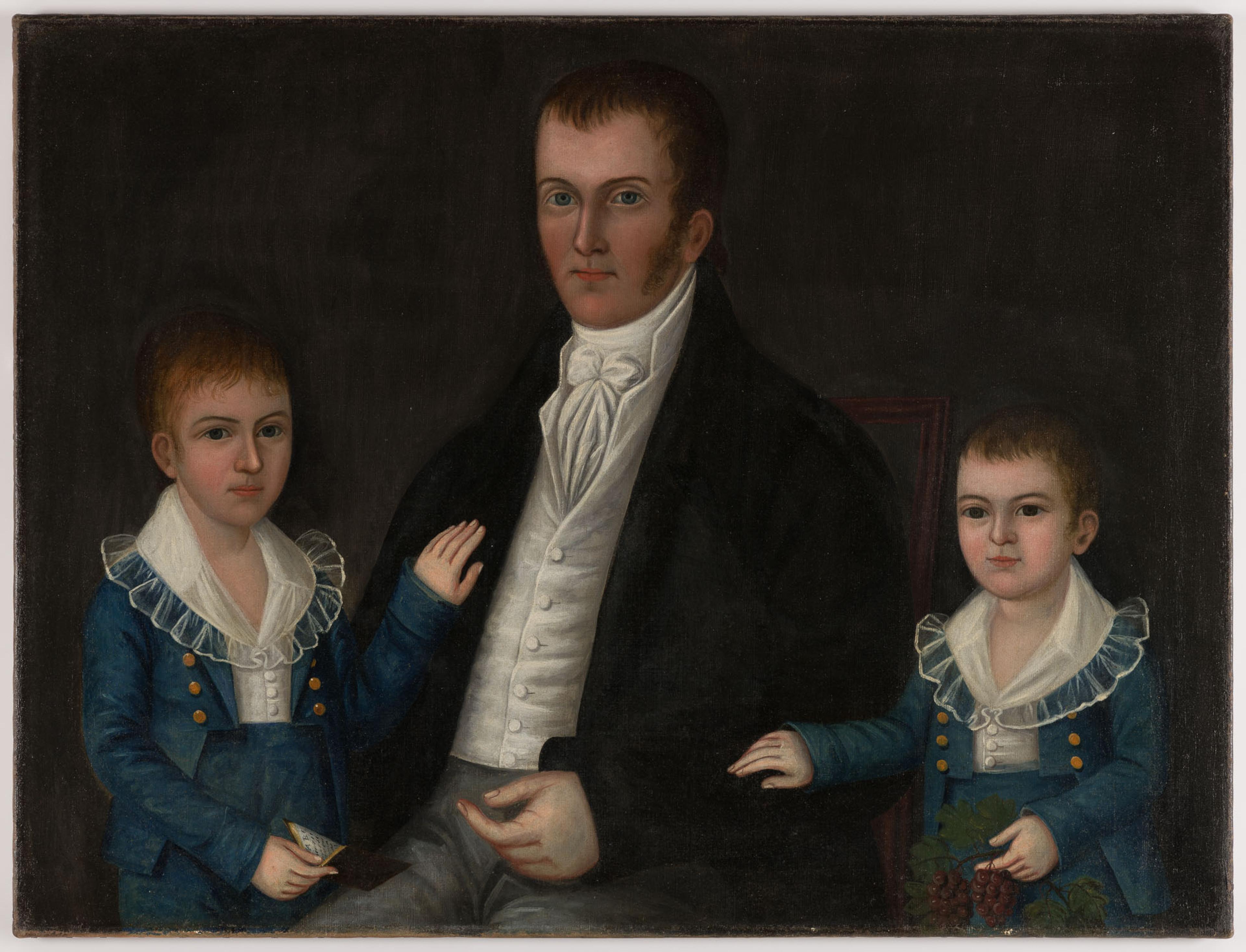 Painted portrait of an adult figure in a suit posing with two children dressed identically in blue suits pose seated against a black backdrop