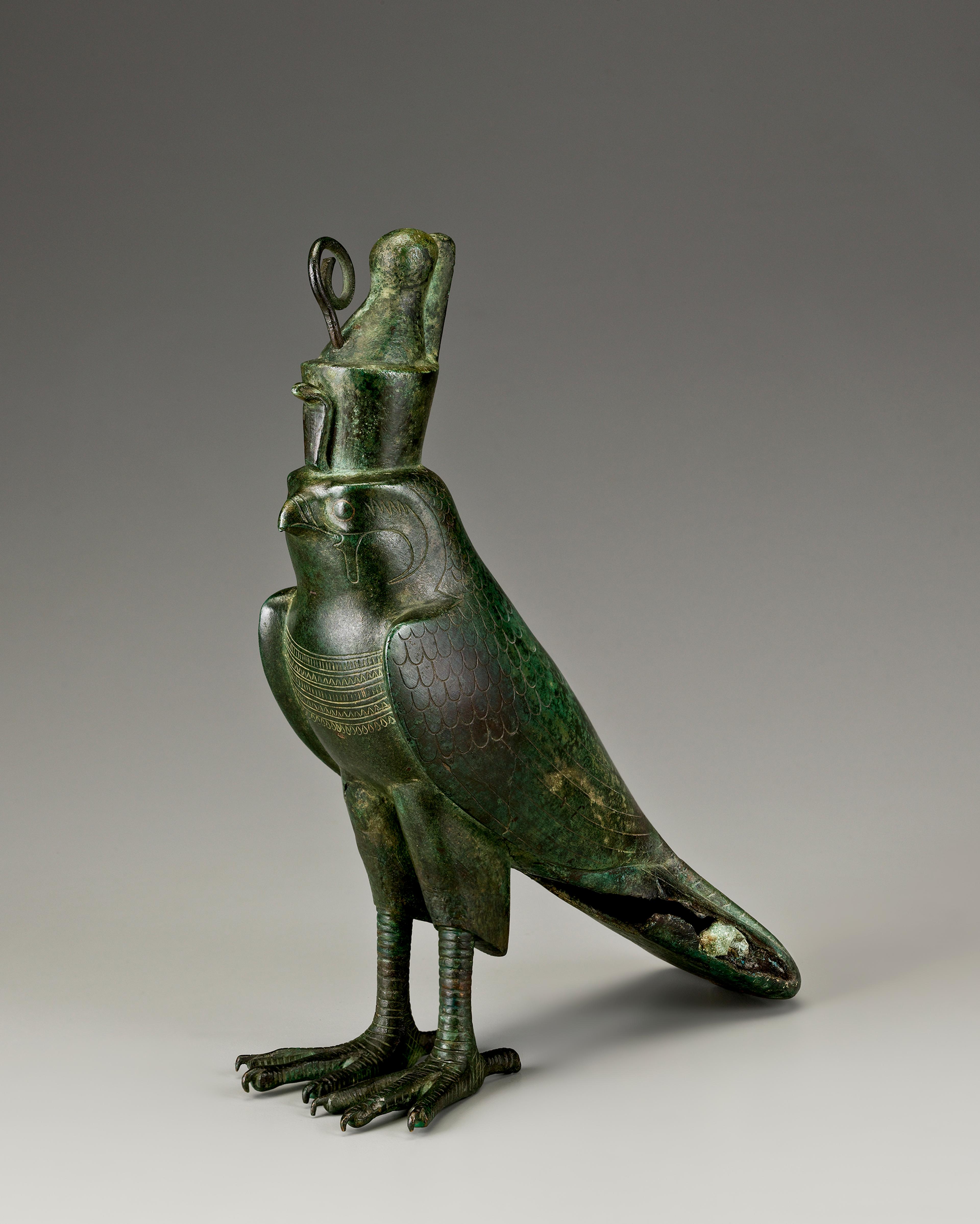 Horus Falcon-Form Coffin. From Egypt. Late Period to Ptolemaic Period, circa 664–30 B.C.E. Bronze, gold, 115/16 x 25/8 x 83/16 in. (28.8 x 6.6 x 20.8 cm). Brooklyn Museum; Charles Edwin Wilbour Fund, 05.394. (Photo: Gavin Ashworth, Brooklyn Museum)