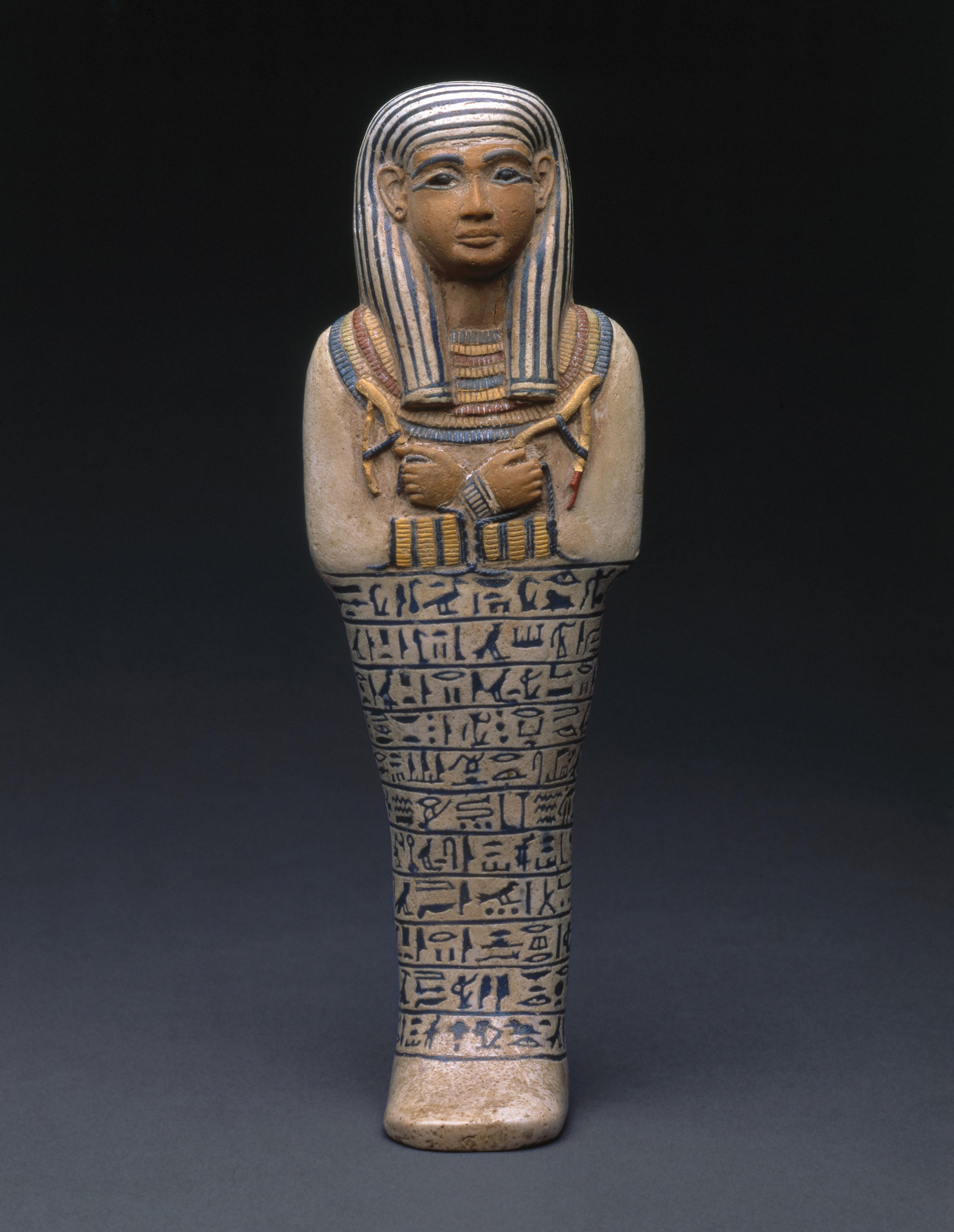 <i>Shabty of Lady Sati</i>, circa 1390–1352 B.C.E. Faience, 10 1/4 × 3 1/2 × 2 1/4 in. (26 × 8.9 × 5.7 cm). Brooklyn Museum; Charles Edwin Wilbour Fund, 37.124E. (Photo: Brooklyn Museum)B.C.E.